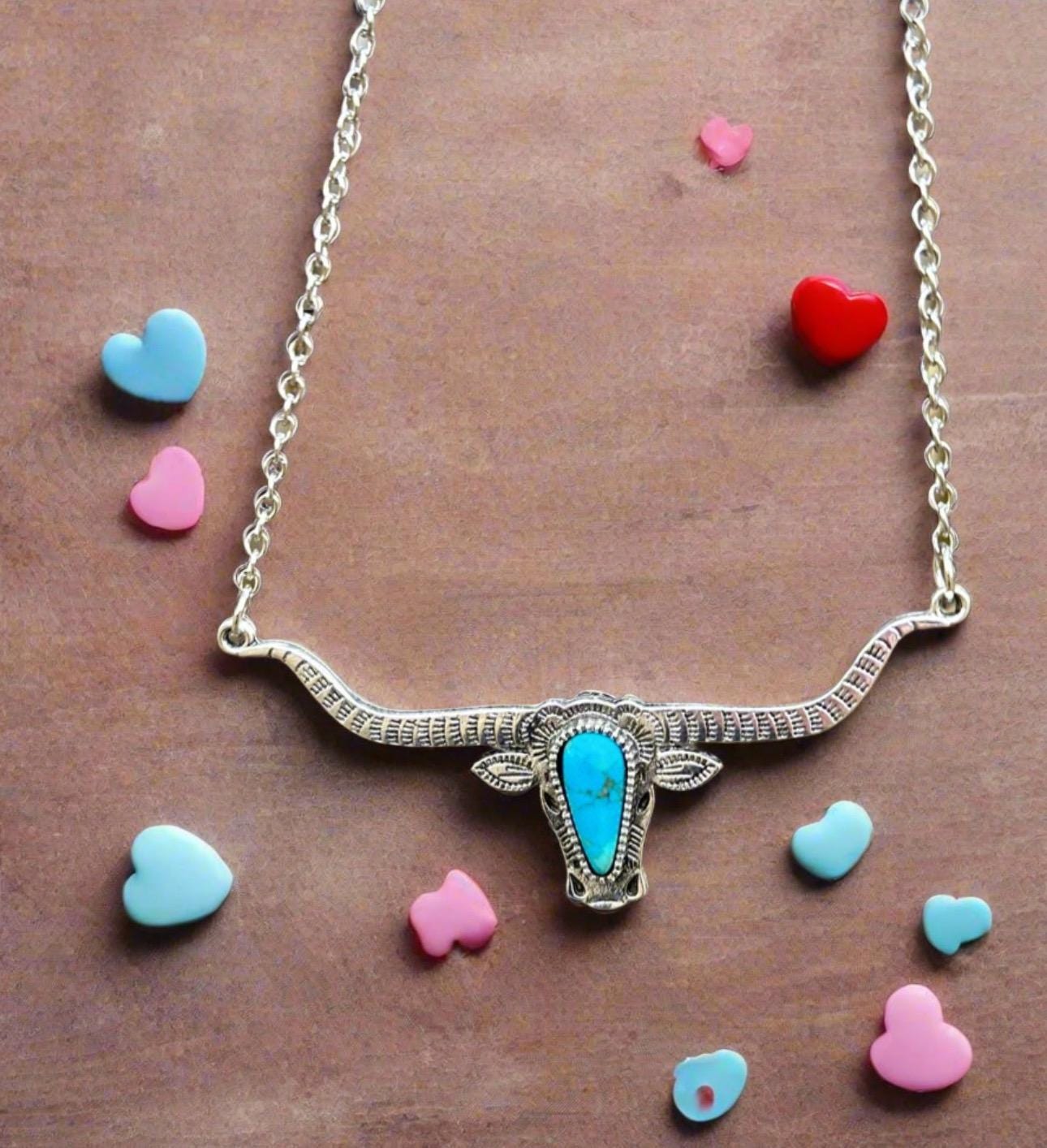 Turquoise Longhorn Necklace, Western Longhorn Necklace - Razels