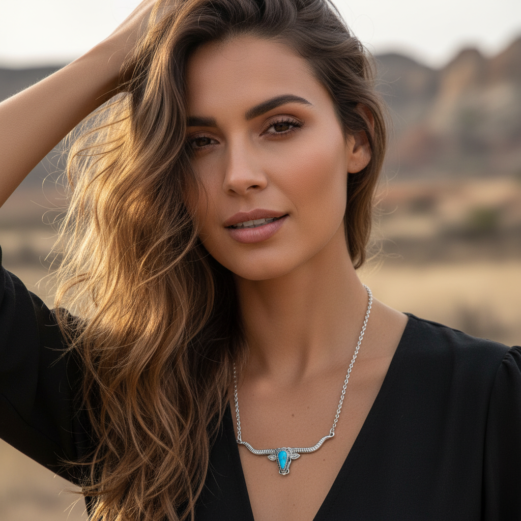 Western Jewelry for Women- Turquoise Longhorn Skull Necklace