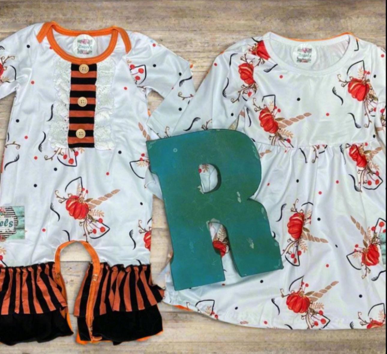 Unicorn Pumpkin Dress & Jumpsuit - Thanksgiving Halloween Fall Outfit, Matching Sister Set with Unicorn Face Pumpkin - Razels