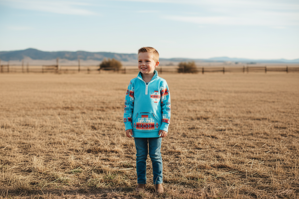 Child wearing a blue sweater with colorful patterns standing in a field with mountains in the background