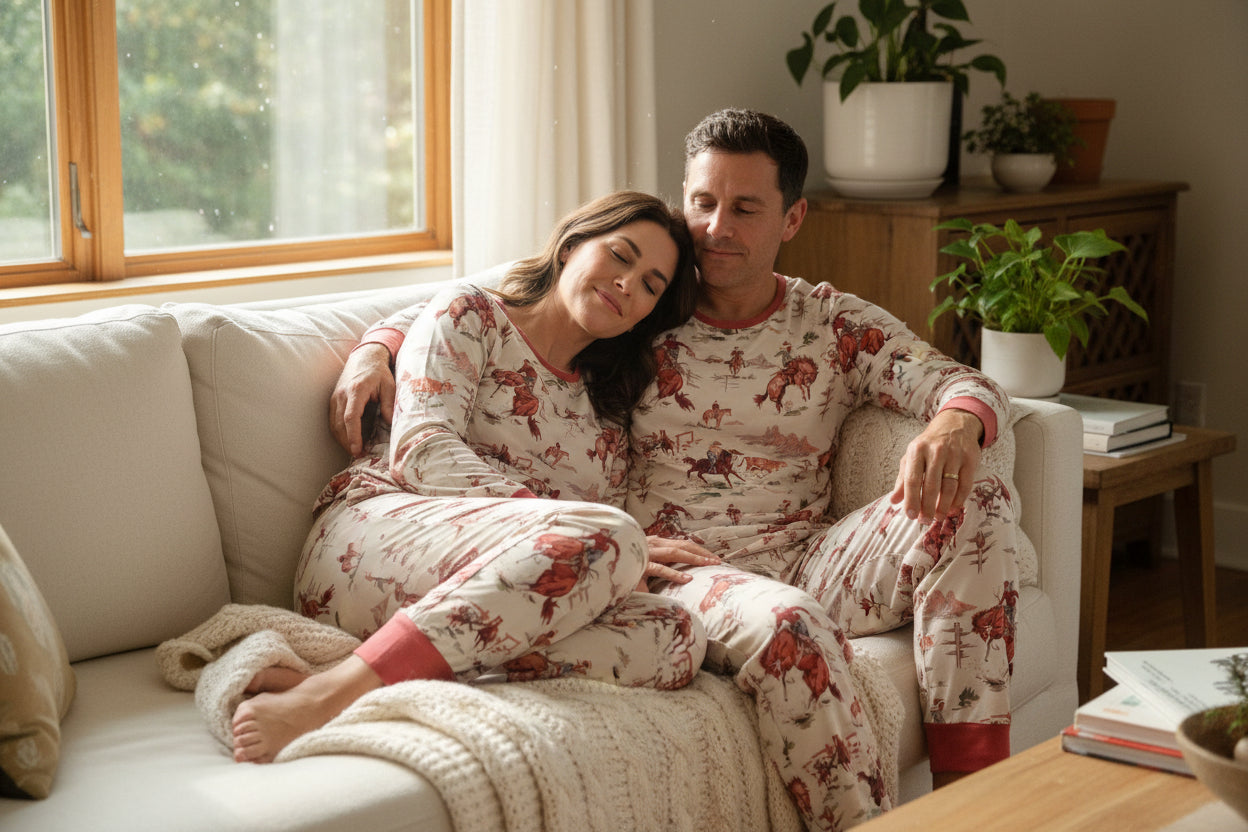 Retro Western Vintage Cowboy Pajamas: Bring the rodeo home with these Classic Western Pajamas from Razels! Featuring a vintage cowboy print with bucking broncs, roping steers, and steer wrestling. Available in baby 3/6 months - adult 4x! Ships FREE.