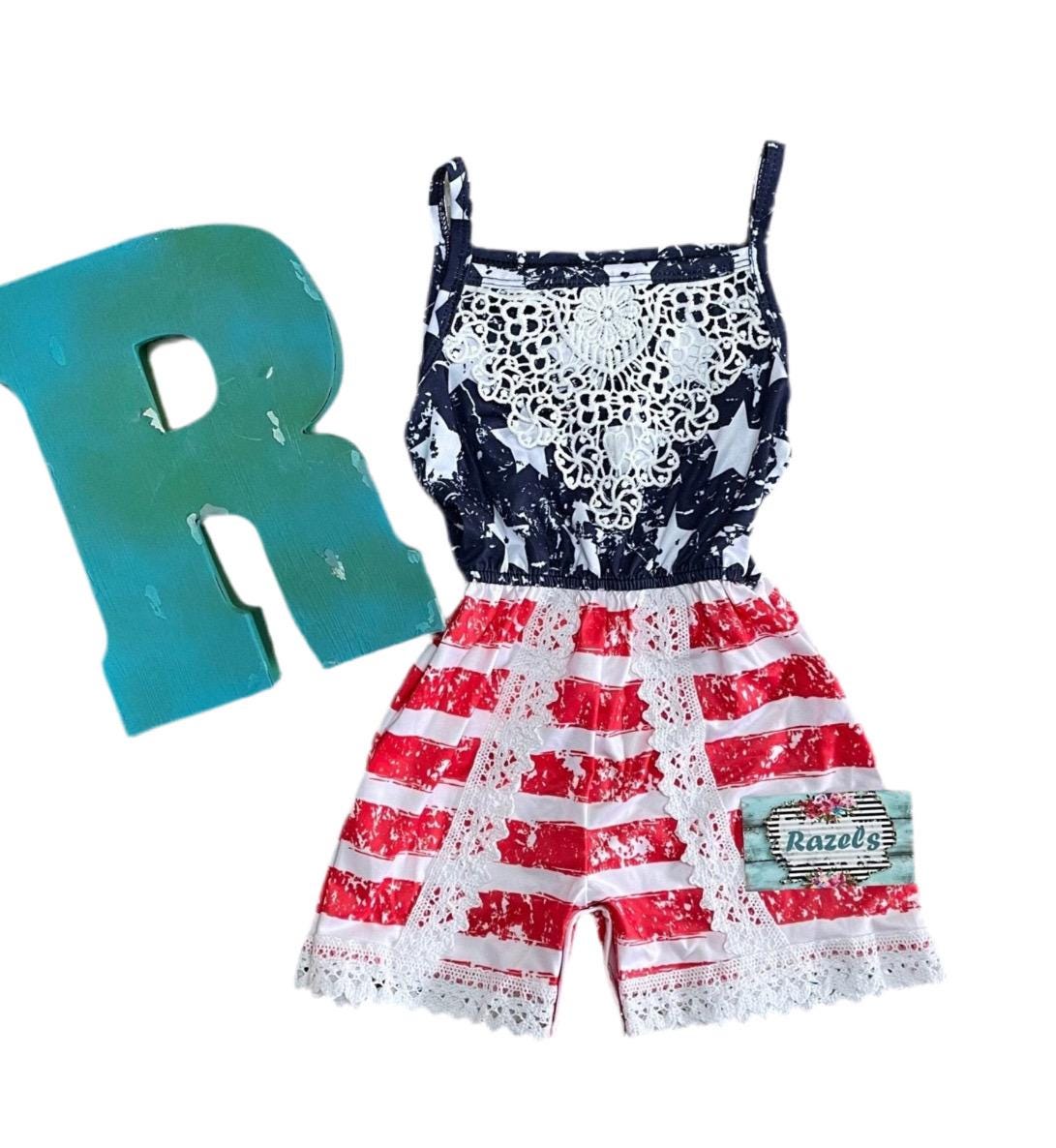 USA Flag Outfit | Patriotic, Girls ROMPER Jumpsuit - Razels