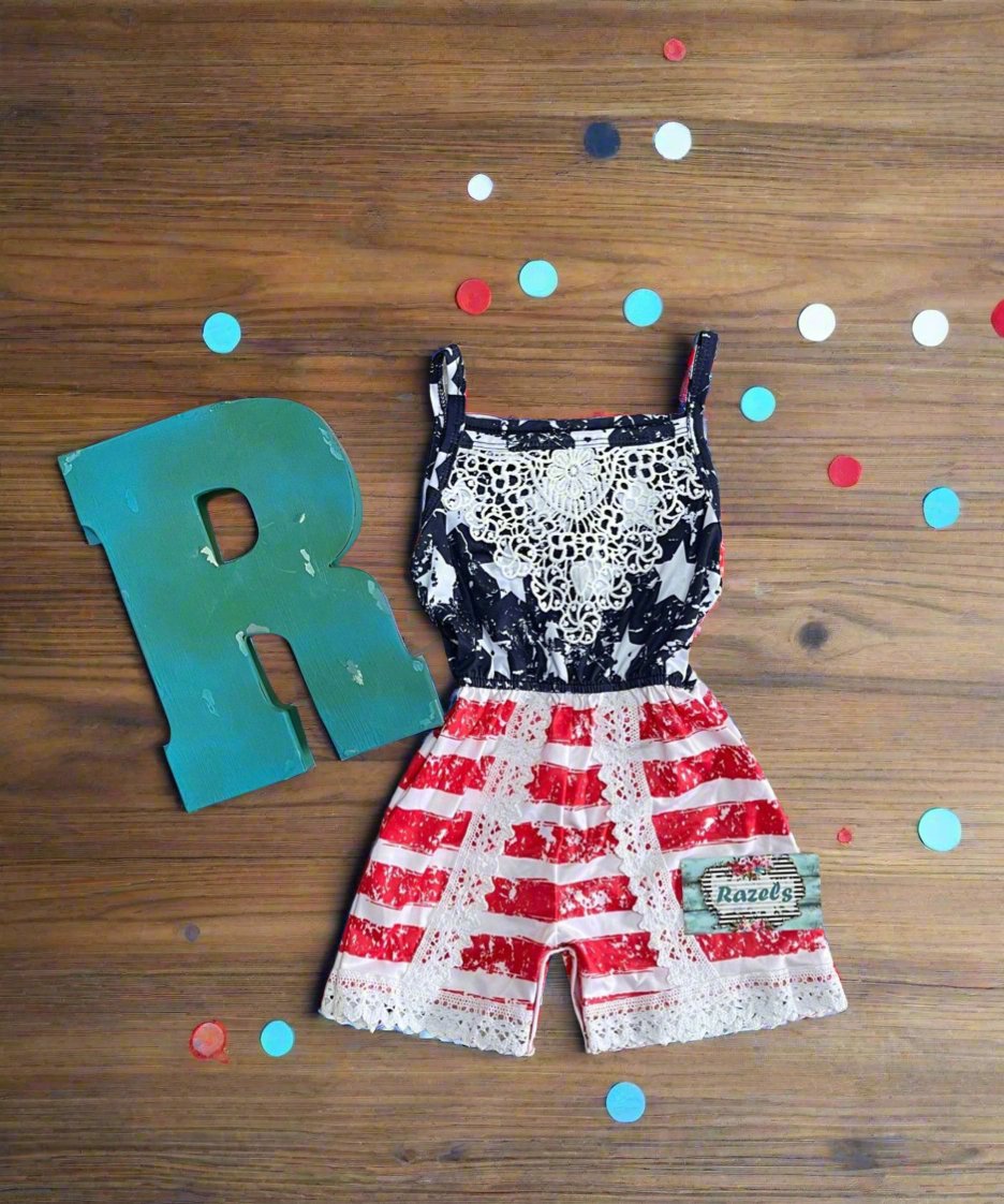 USA Flag Outfit | Patriotic, Girls ROMPER Jumpsuit, USA Outfit, American Flag Romper - Razels