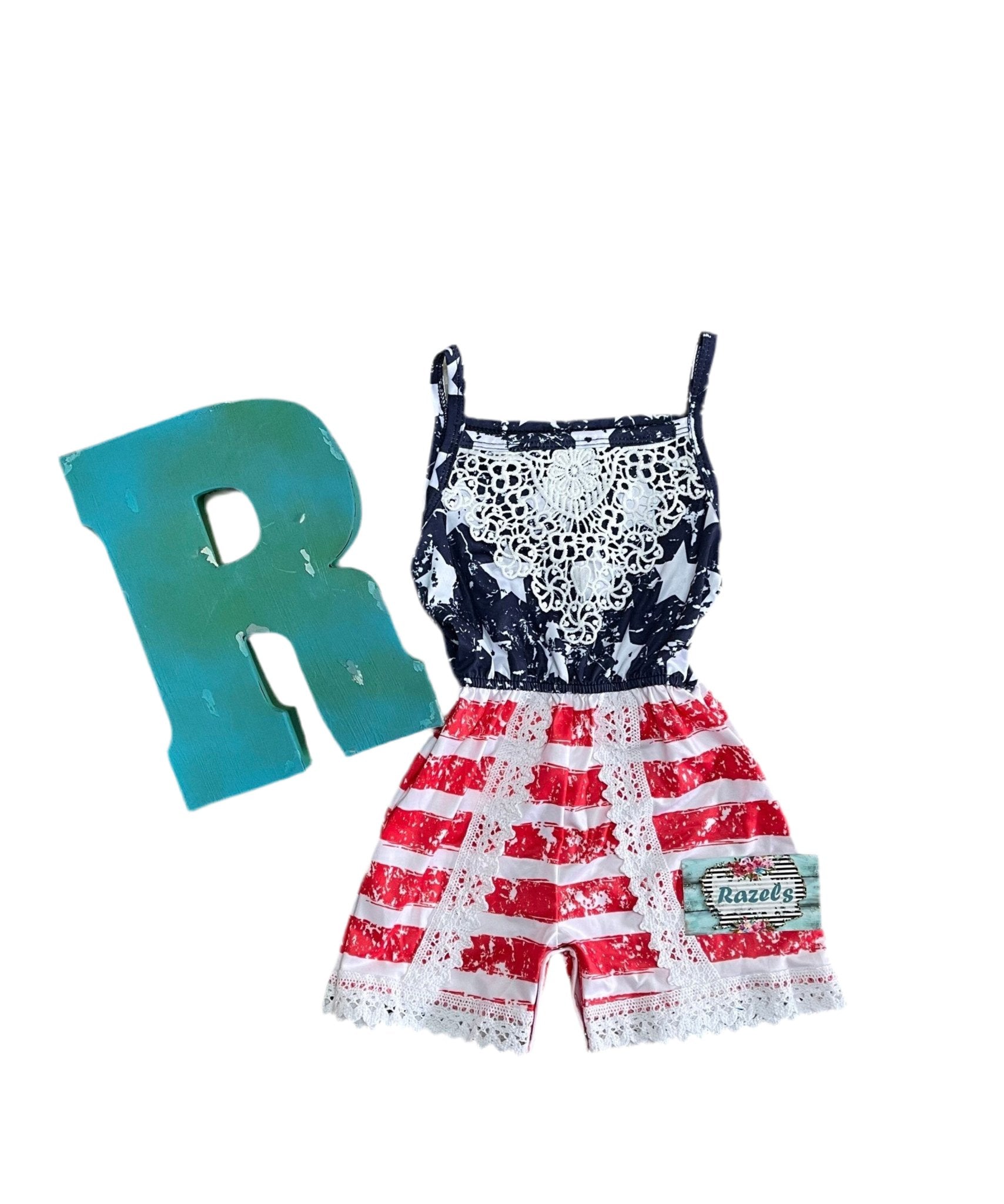 USA Flag Outfit | Patriotic, Girls ROMPER Jumpsuit, USA Outfit, American Flag Romper - Razels