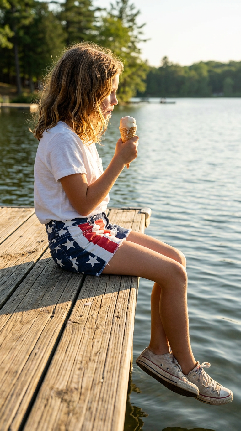 girl sitting on dock eating an ice cream cone wearing a white t-shirt and Razels 4th of July denim shorts that feature stars and stripes 