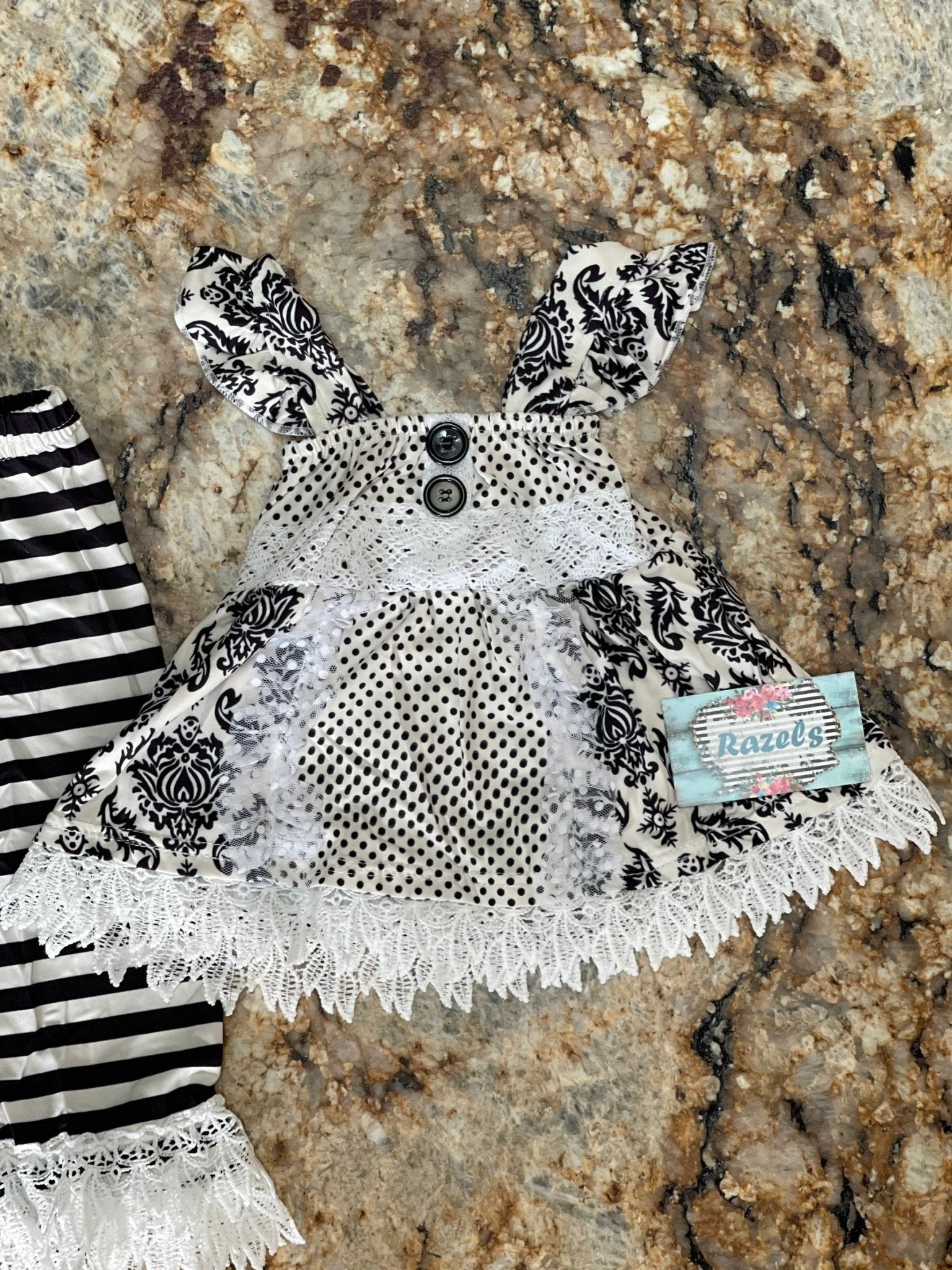 Vintage Style Toddler Lace Ruffle Outfit, Classic Black and Cream Lace Ruffle Pants Set - Razels