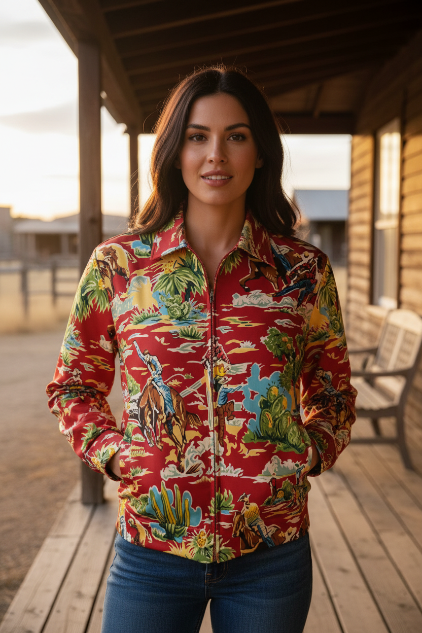 woman wearing vintage cowboy bomber jacket for women white standing on deck