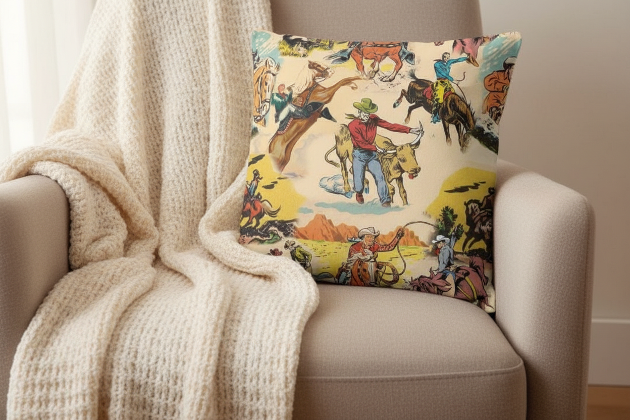 Decorative pillow with cowboy design on a beige armchair with a blanket.