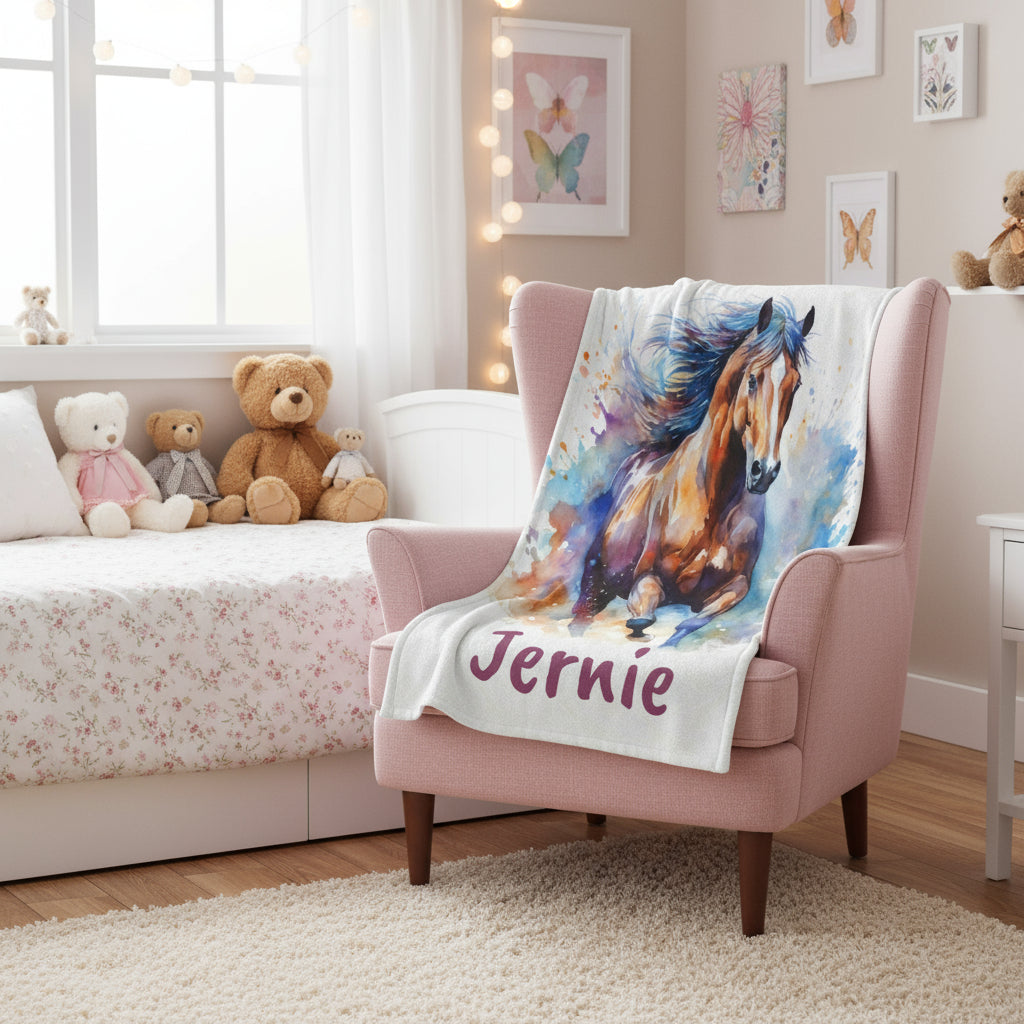 Colorful painting of a horse with the name 'Jernie' on a white background