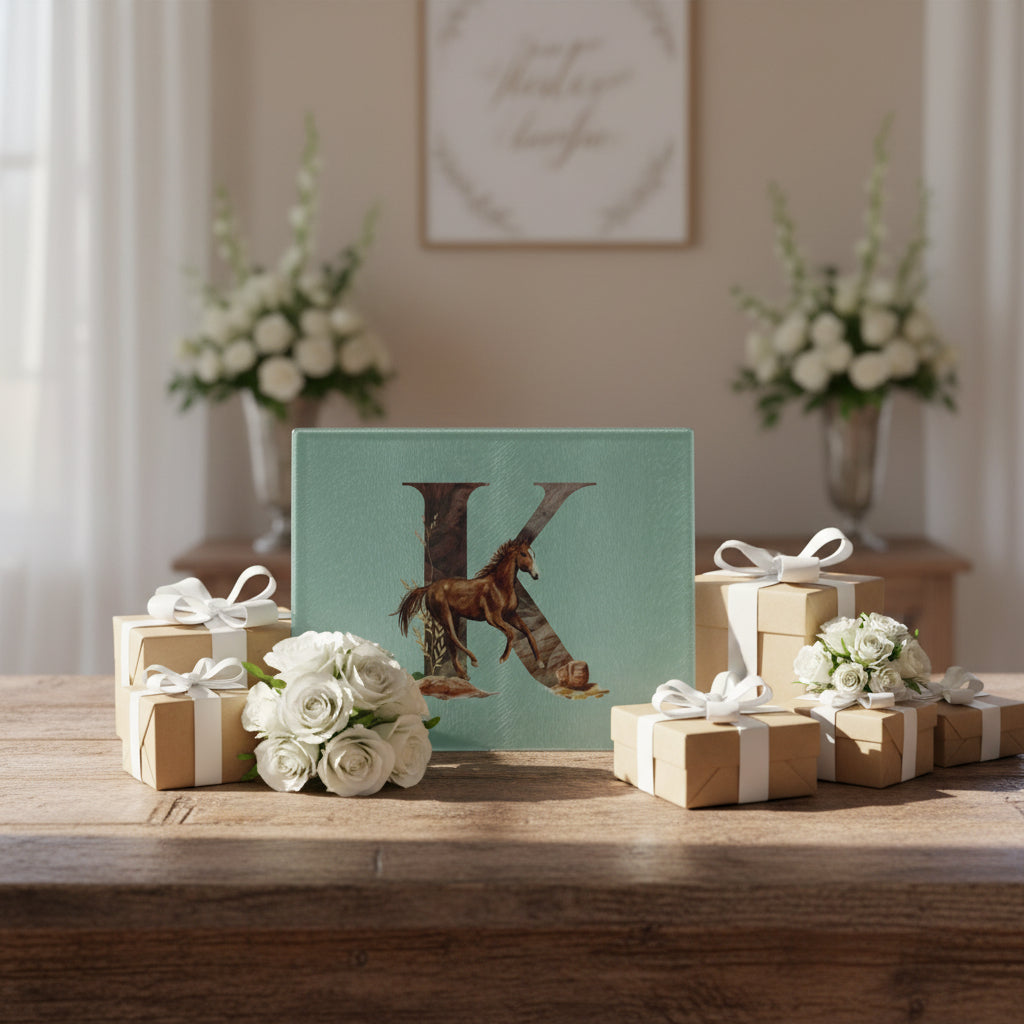 Personalized Wedding Gift, Western Initial Cutting Board  by Razels displayed on table with other Wedding gifts
