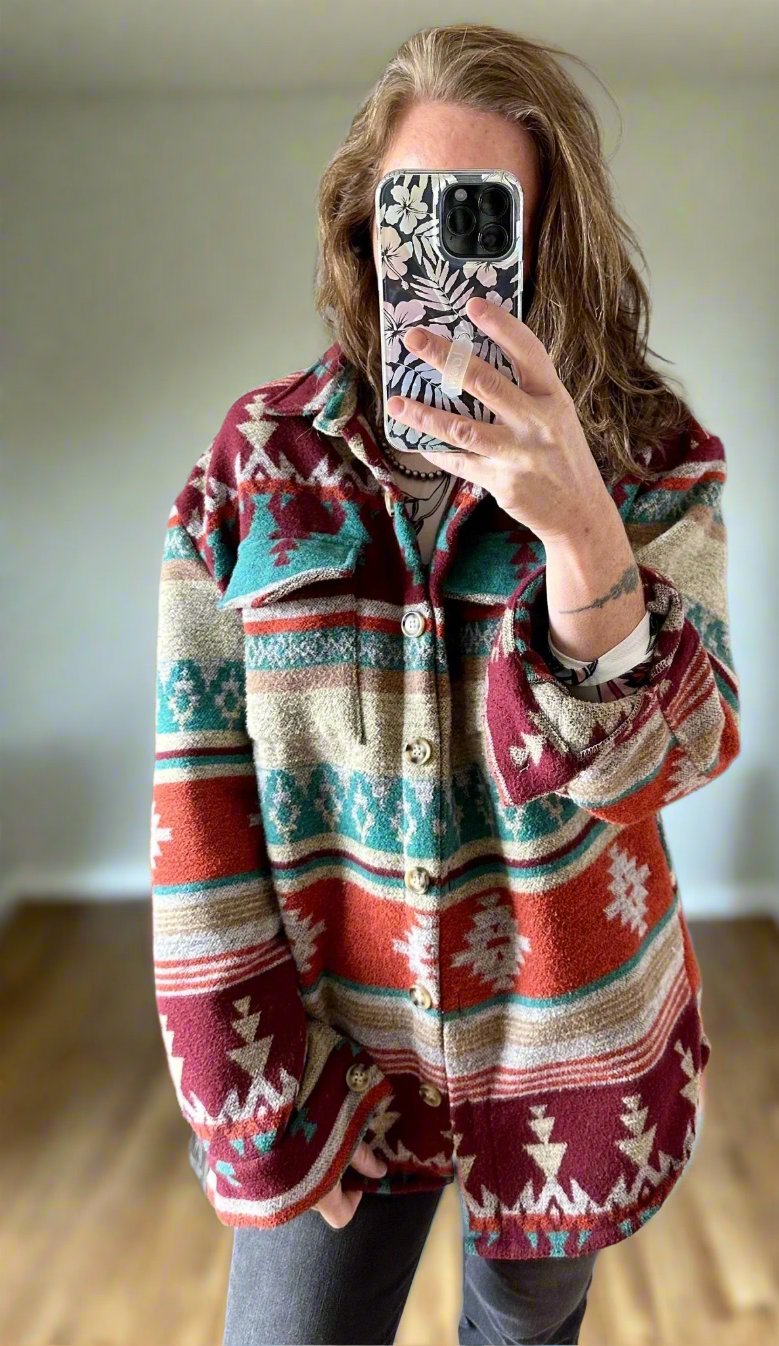 Women's Boho Shacket - Western Aztec Brushed Flannel Overshirt: A stylish and cozy layering piece, this shacket features a bold Aztec print and brushed flannel fabric. Perfect as an overshirt or jacket, combining warmth, comfort, and Western boho vibes.