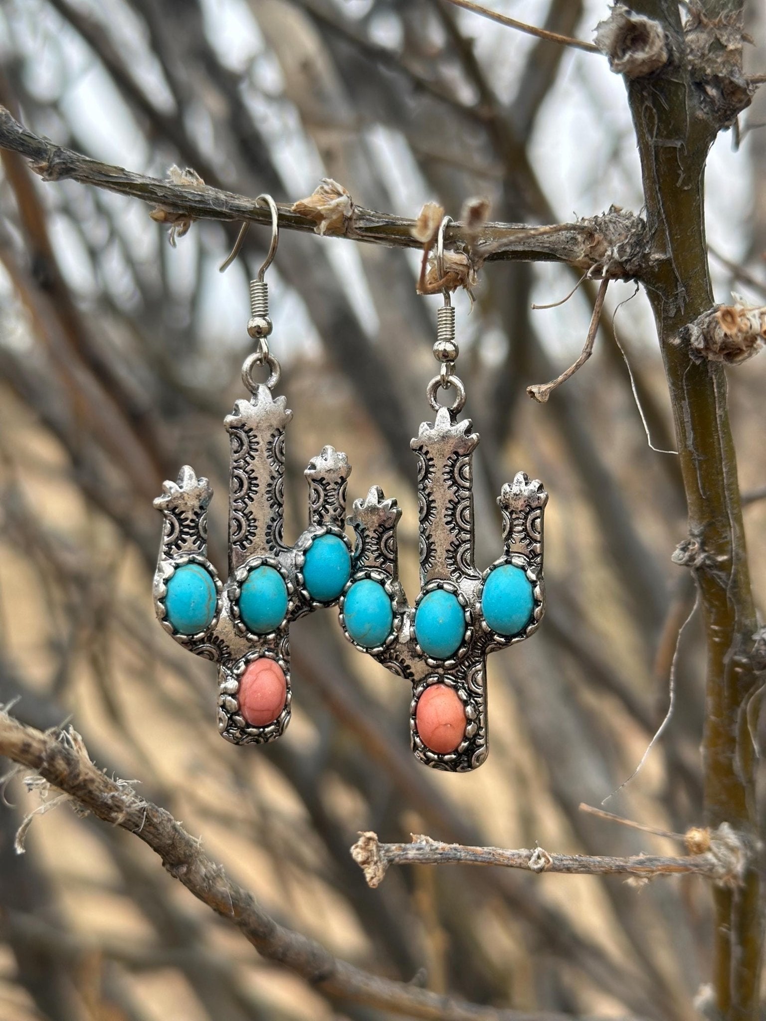 Western Cactus Earrings with Turquoise & Coral Accents | Cactus Earrings Dangle, Cowgirl Earrings | Lightweight Southwestern Jewelry - Razels