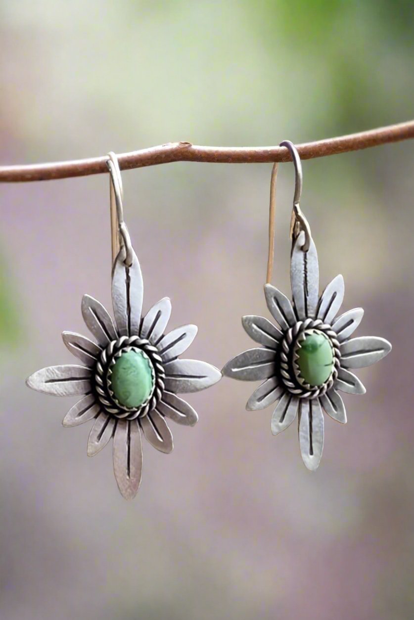 Western green Flower Earrings, Turquoise Flower Earrings, Western Flower Dangle Earrings - Razels