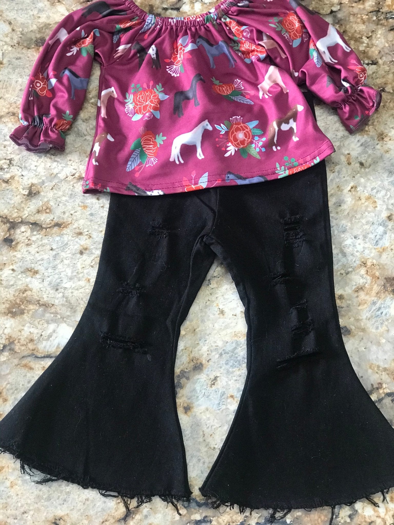 Western Horse Bell Bottom Outfit, Horse Blouse and Black Distressed Jeans - Razels