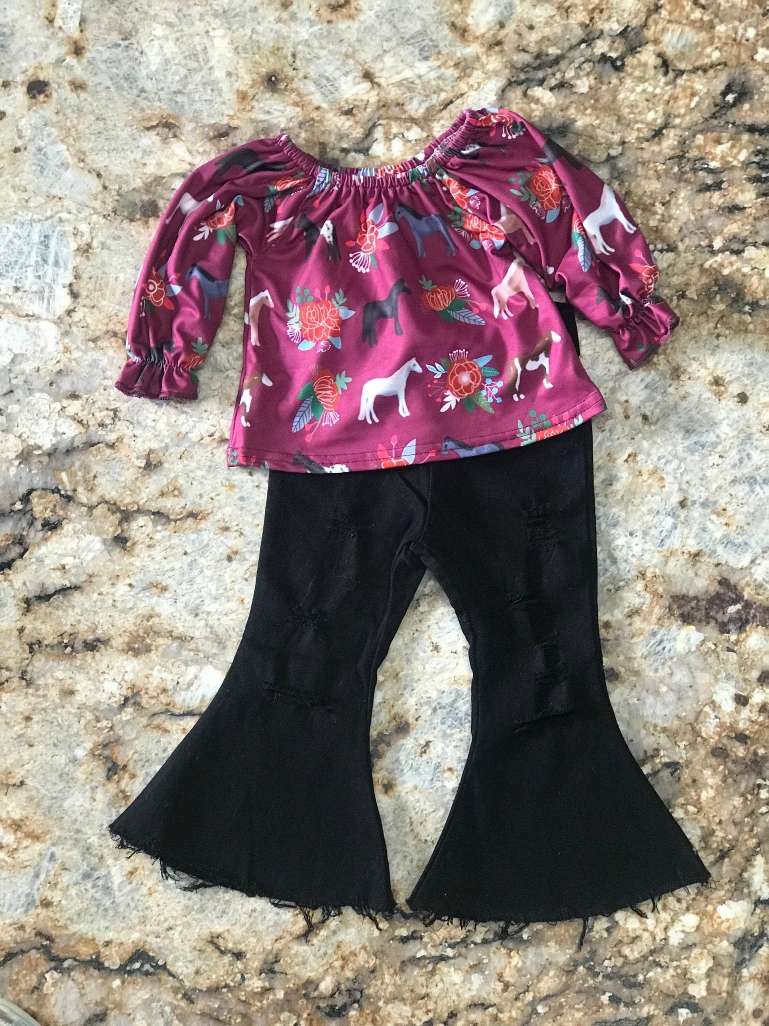 Western Horse Bell Bottom Outfit, Horse Blouse and Black Distressed Jeans - Razels