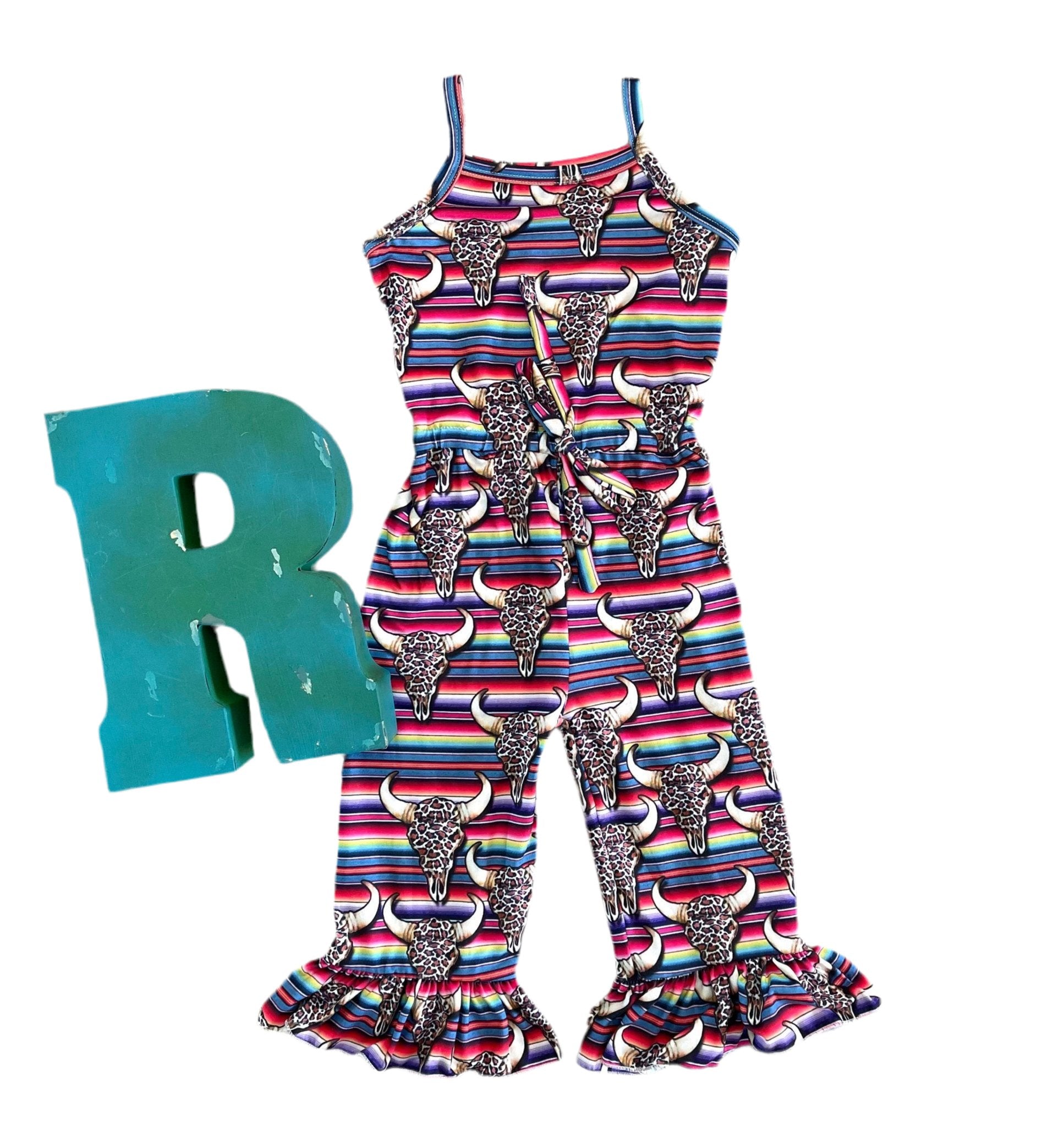 WESTERN Jumpsuit Bell Bottom Jumpsuit Girls Romper Pink Serape Cowgirl Outfit Western Back to School Outfit Western Skull Print - Razels