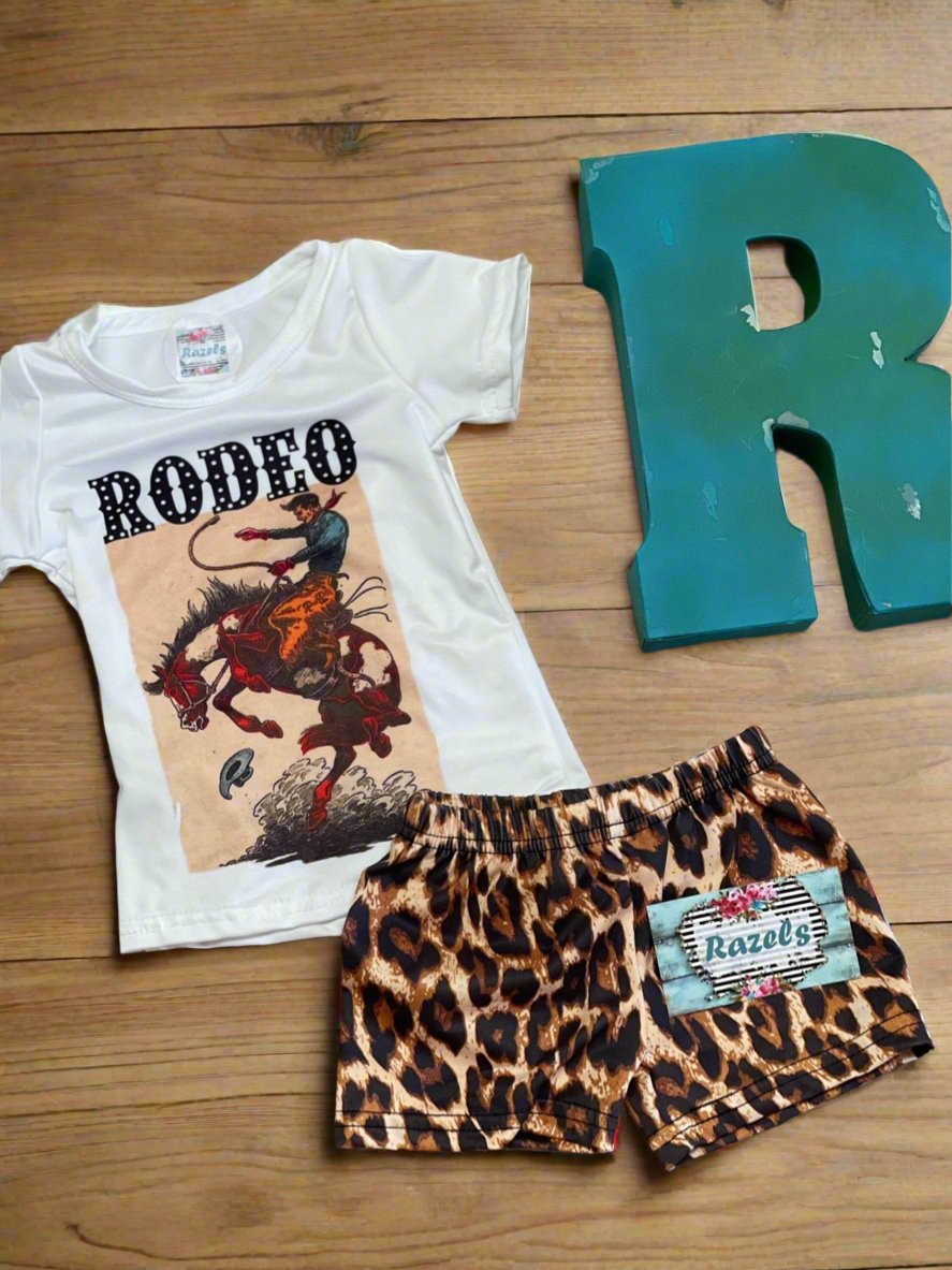 Western Rodeo COWBOY Short Set, Girls Cowgirl Cheetah Shorts and Tee - Razels