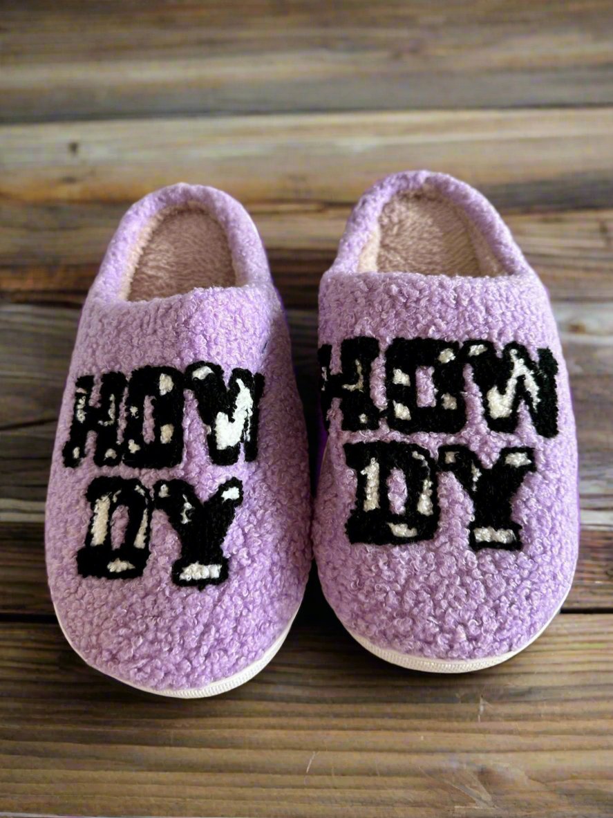 Western Slippers Cowgirl HOWDY Slippers Purple Cowprint Slip On House Shoes - Razels