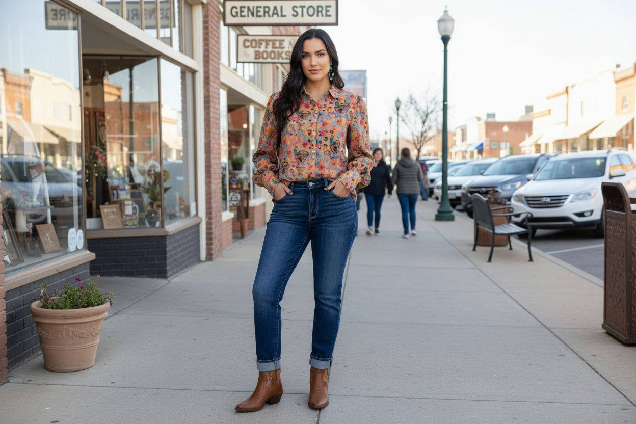 Yeehaw Rodeo Western Button-Up Top – Colorful Bronc & Floral Print Blouse | Women’s Boutique Shirt