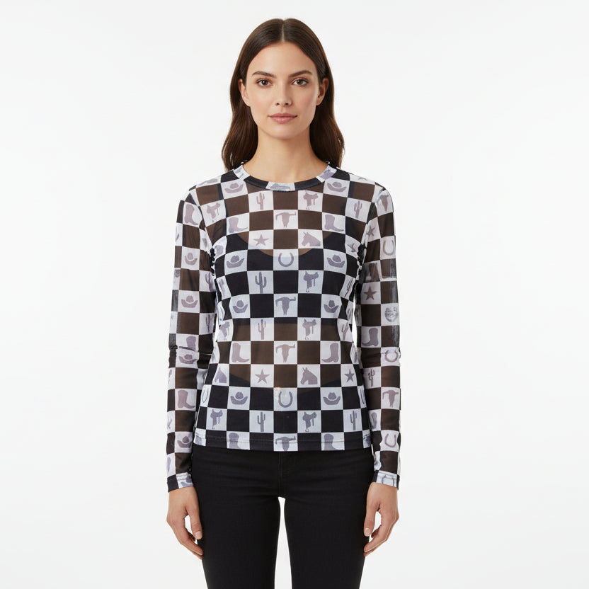 Western Mesh Shirt | Cowgirl Shirt | Women's Sheer Western Layering Top - Unleash your inner cowgirl with a bold, modern twist! This Western Mesh Shirt blends classic Western fashion with edgy, contemporary style. Designed for layering, this long-sleeve sheer top features a striking checkerboard print that adds effortless flair to any outfit.
✔ Breathable & Lightweight 
✔ Unique Checkerboard Print 
✔ Perfect for Layering 
✔ High Elasticity for a Flattering Fit
SHIPS FREE W/ $35+