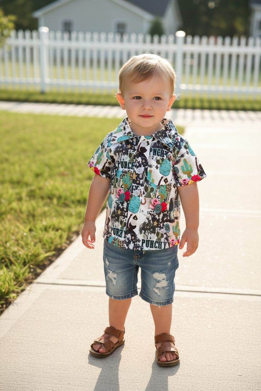 Child wearing a patterned shirt and denim shorts standing on a sidewalk.
