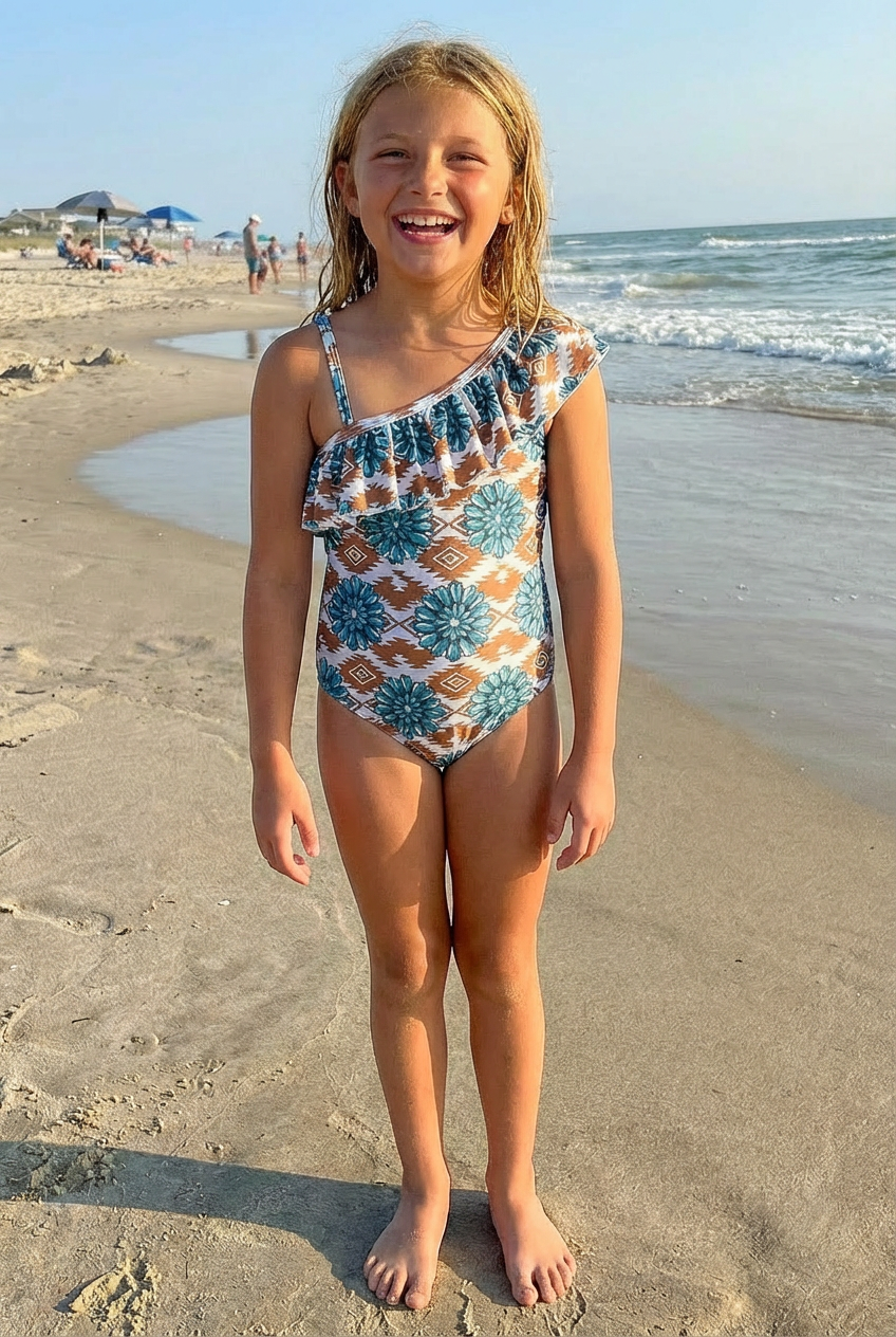 Young girl in a Girls Western one‑piece swimsuit with bold Aztec print and turquoise squash blossom details standing on a beach with ocean waves in the background.