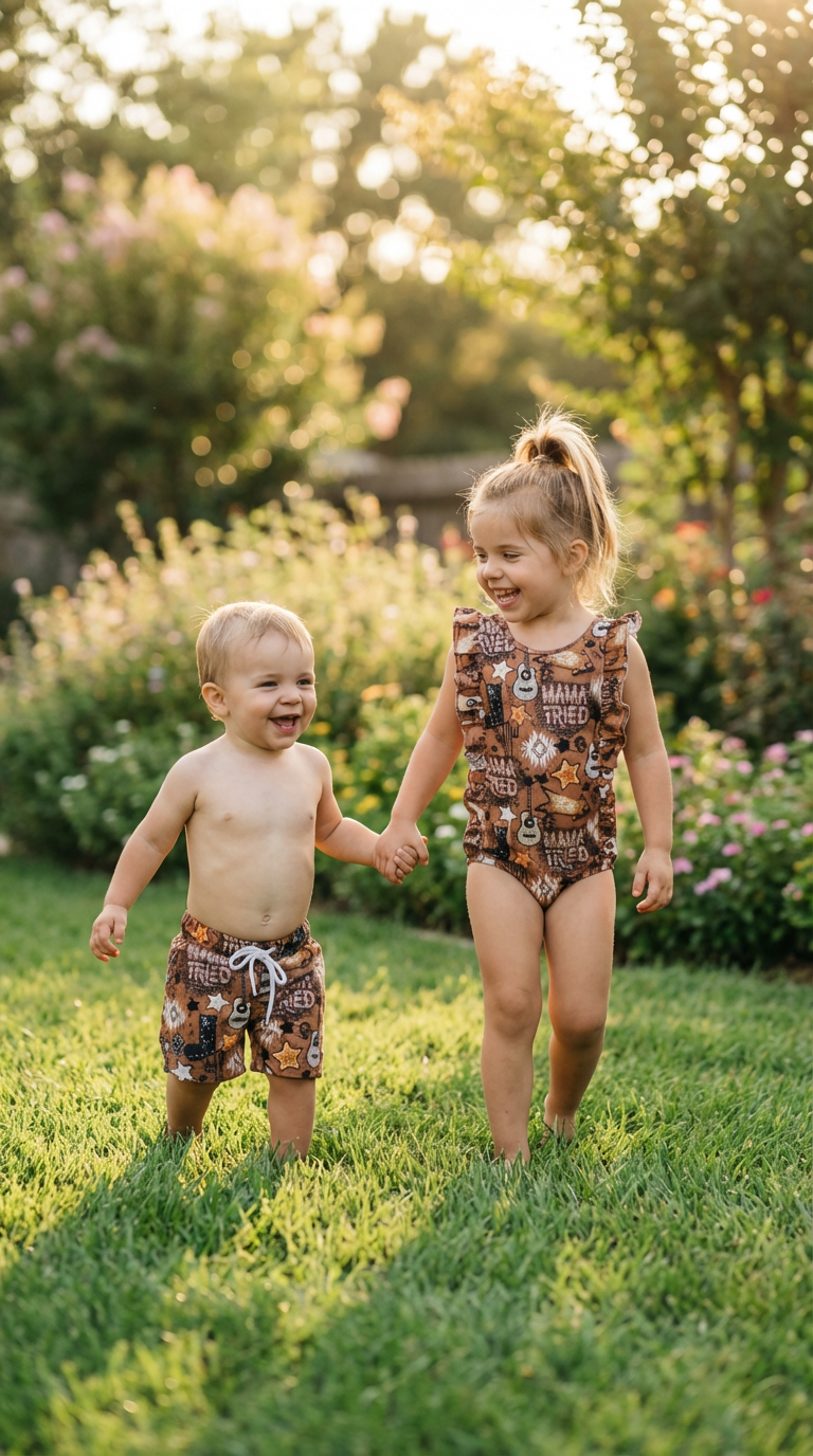 Two children in swimsuits walking hand-in-hand on grass with a blurred background of trees and flowers.