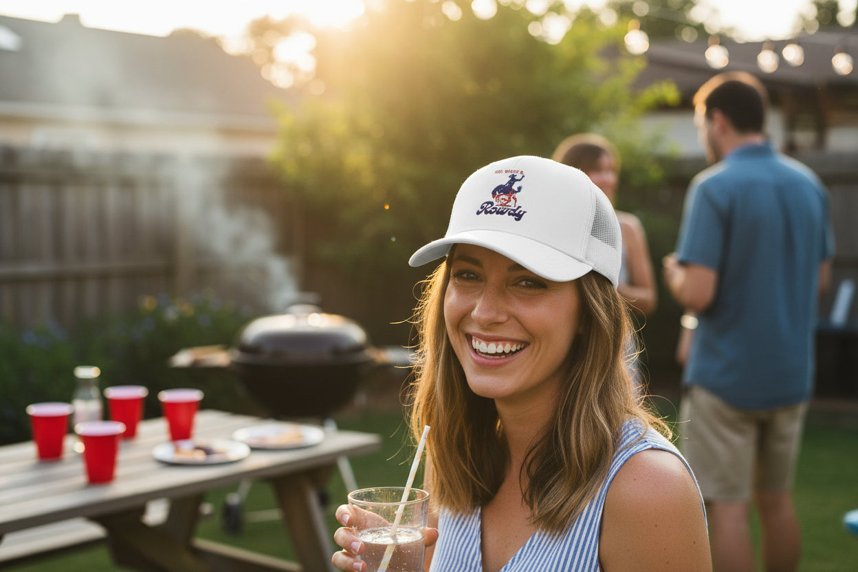 woman wearing American Cowboy Trucker Hat at a bbq
