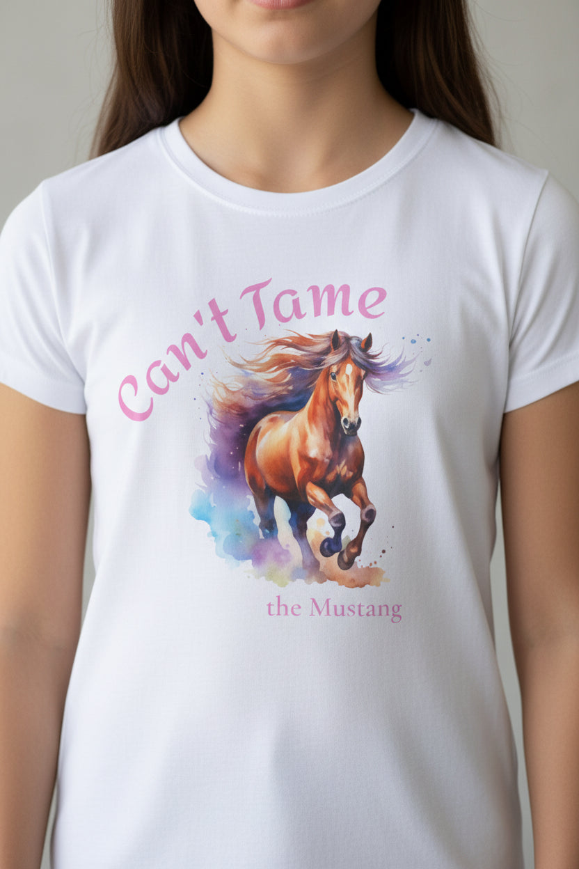 White t-shirt with a horse graphic and text on a white background