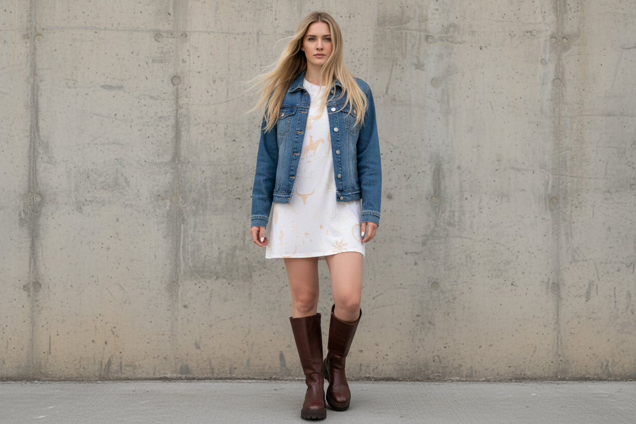 White t-shirt dress with beige animal print worn by a model on a white background