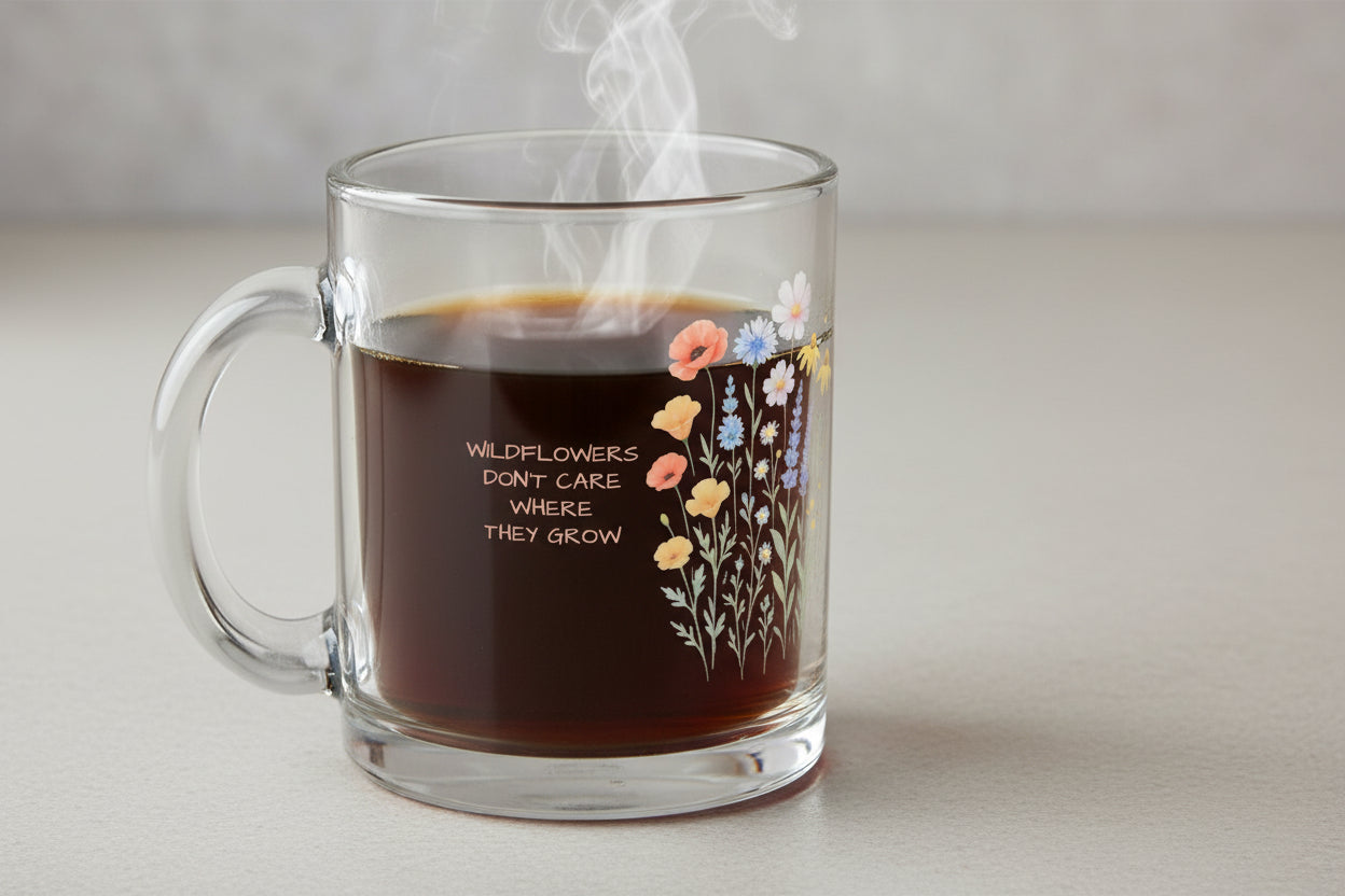 Clear glass mug with floral design and quote wildflowers don't care where they grow glass mug