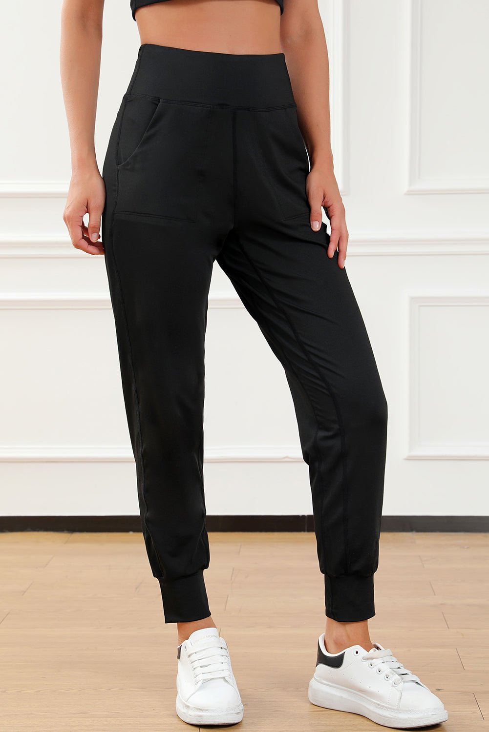 Women's Black Exposed Seam High Waist Pocketed Joggers - Razels