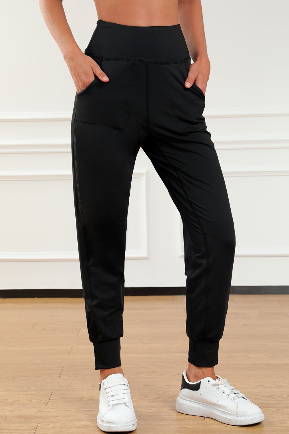 Women's Black Exposed Seam High Waist Pocketed Joggers - Razels