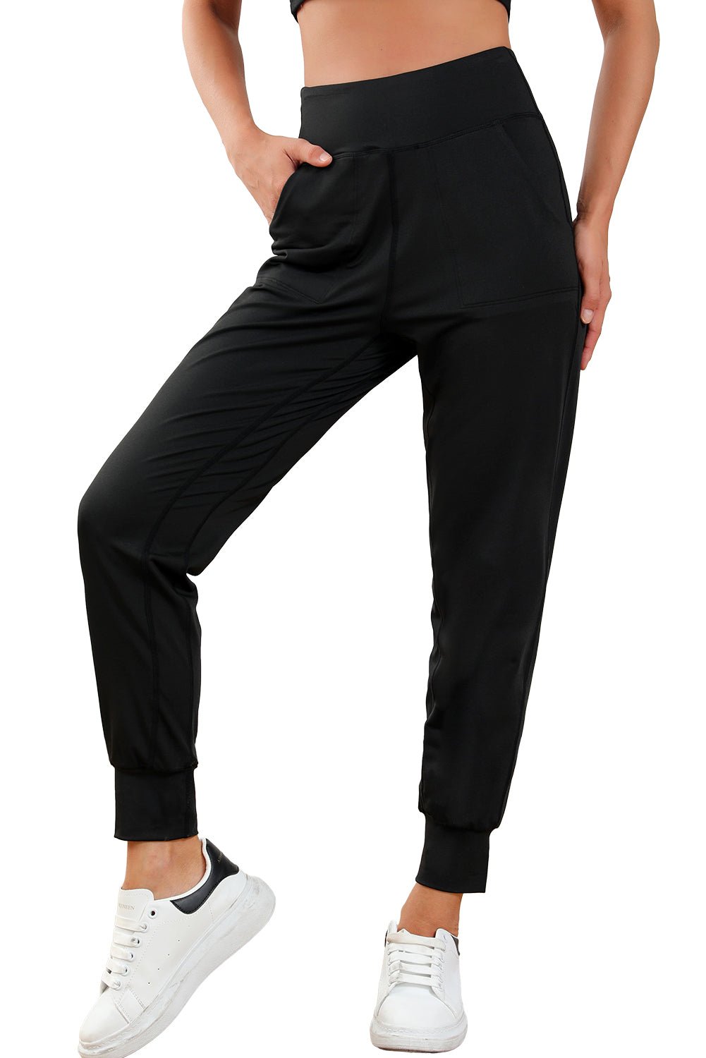 Women's Black Exposed Seam High Waist Pocketed Joggers - Razels