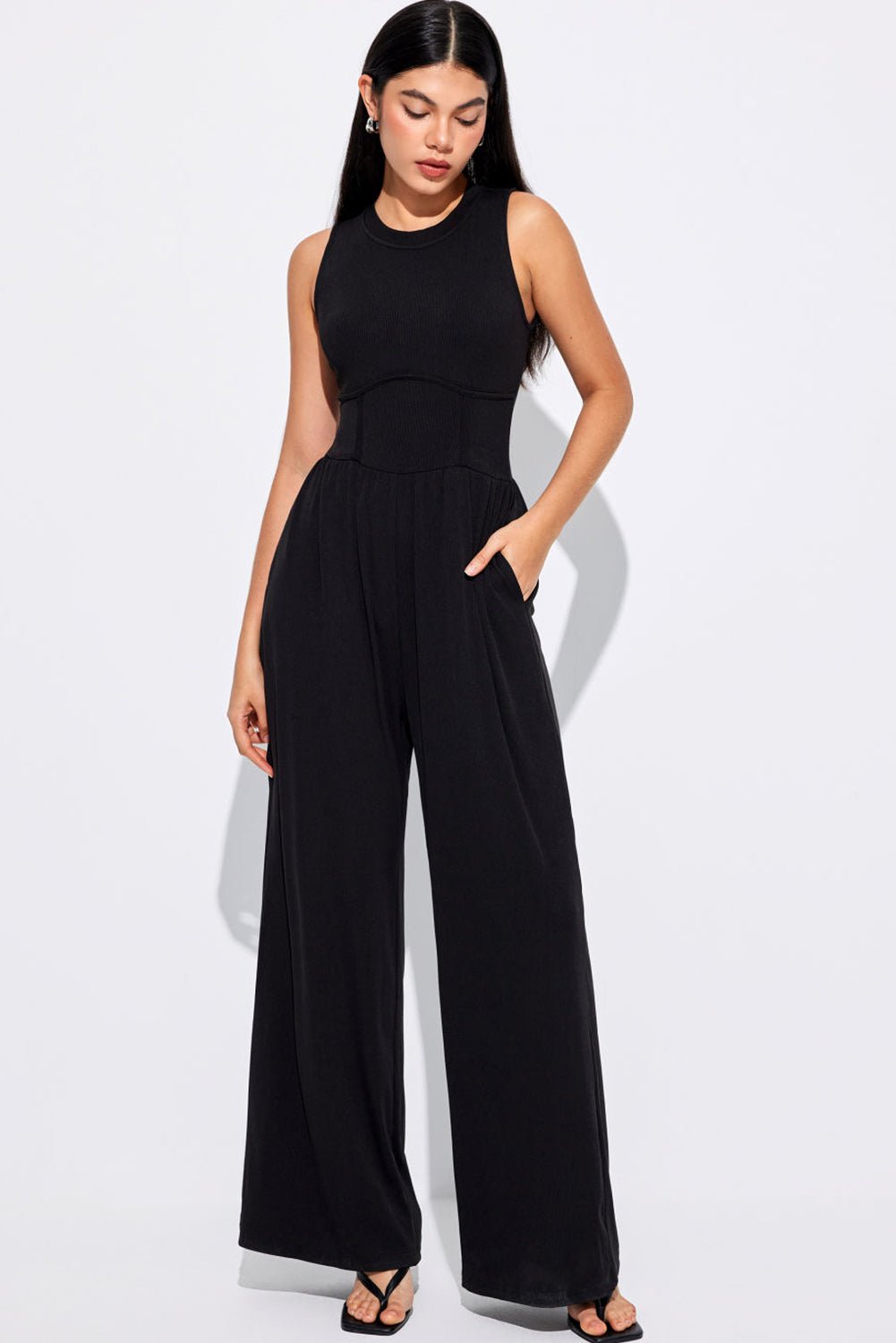 Womens Black Jumpsuit Black Cinched Waist Sleeveless Wide Leg Jumpsuit - Razels