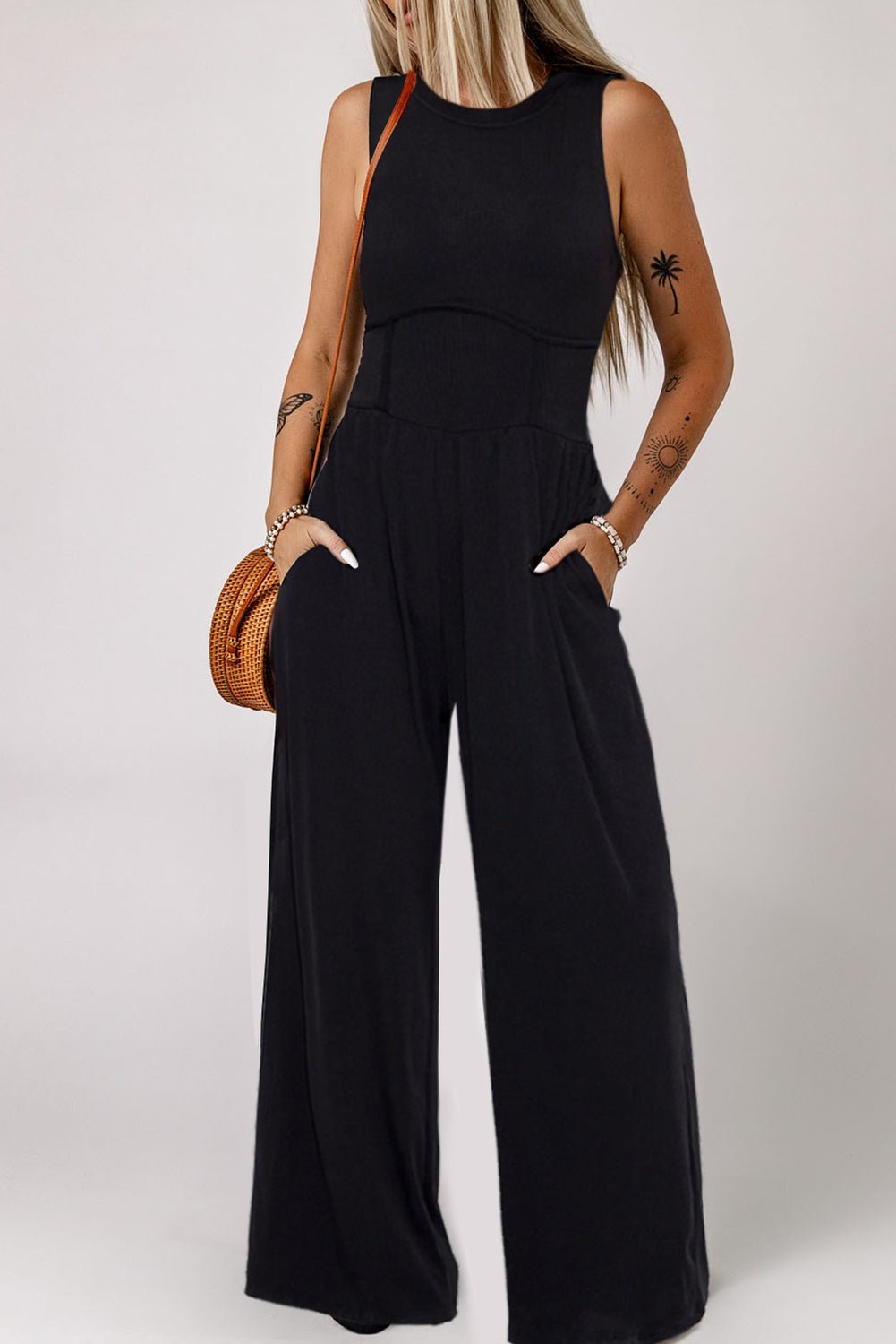 Womens Black Jumpsuit Black Cinched Waist Sleeveless Wide Leg Jumpsuit - Razels