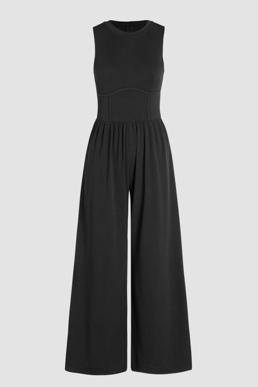 Womens Black Jumpsuit Black Cinched Waist Sleeveless Wide Leg Jumpsuit - Razels