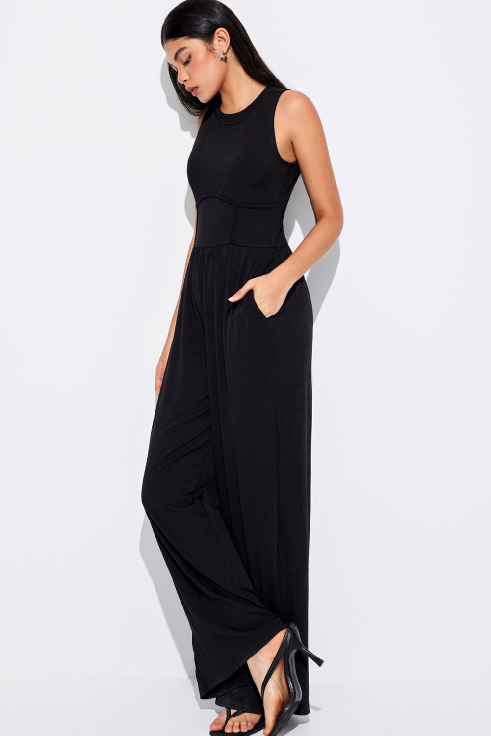 Womens Black Jumpsuit Black Cinched Waist Sleeveless Wide Leg Jumpsuit - Razels