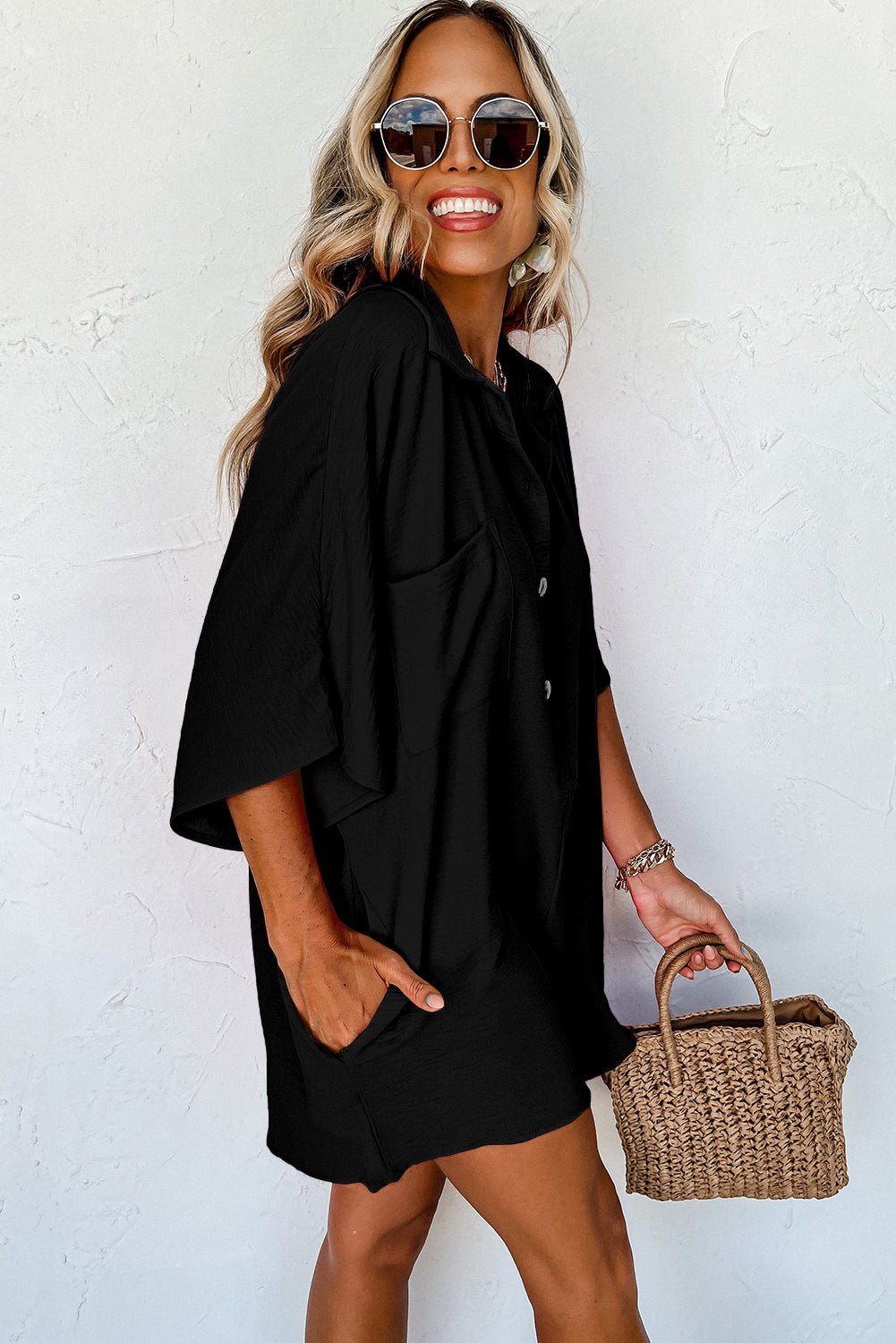 Women's Casual Romper Black Half Button Collared Loose Romper - Razels