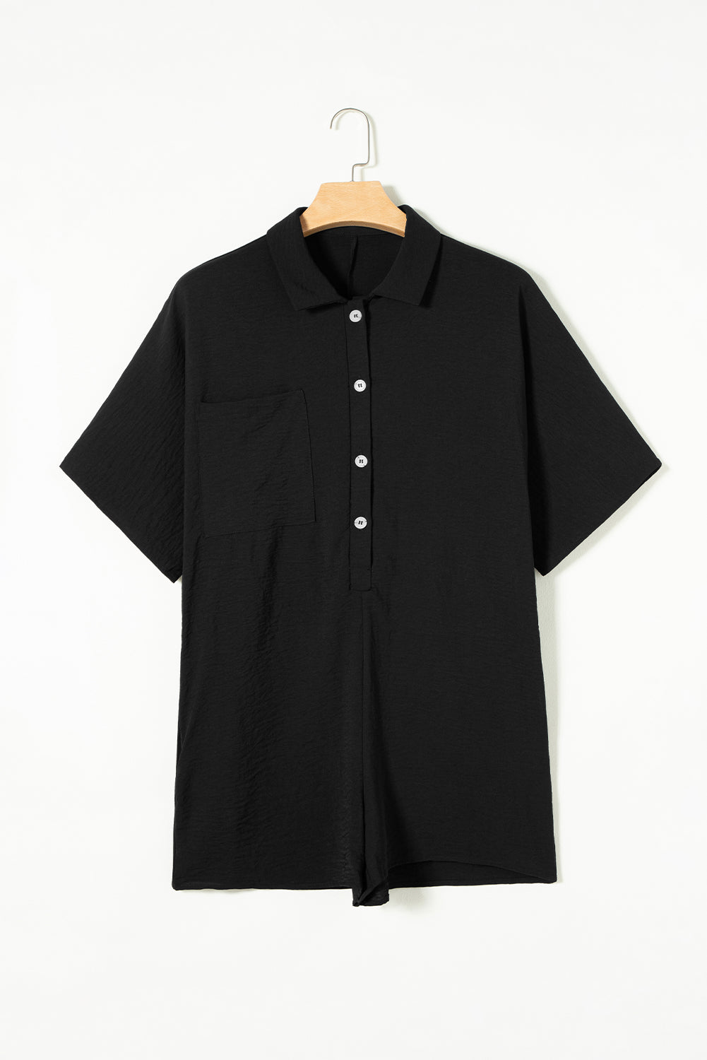 Women's Casual Romper Black Half Button Collared Loose Romper - Razels