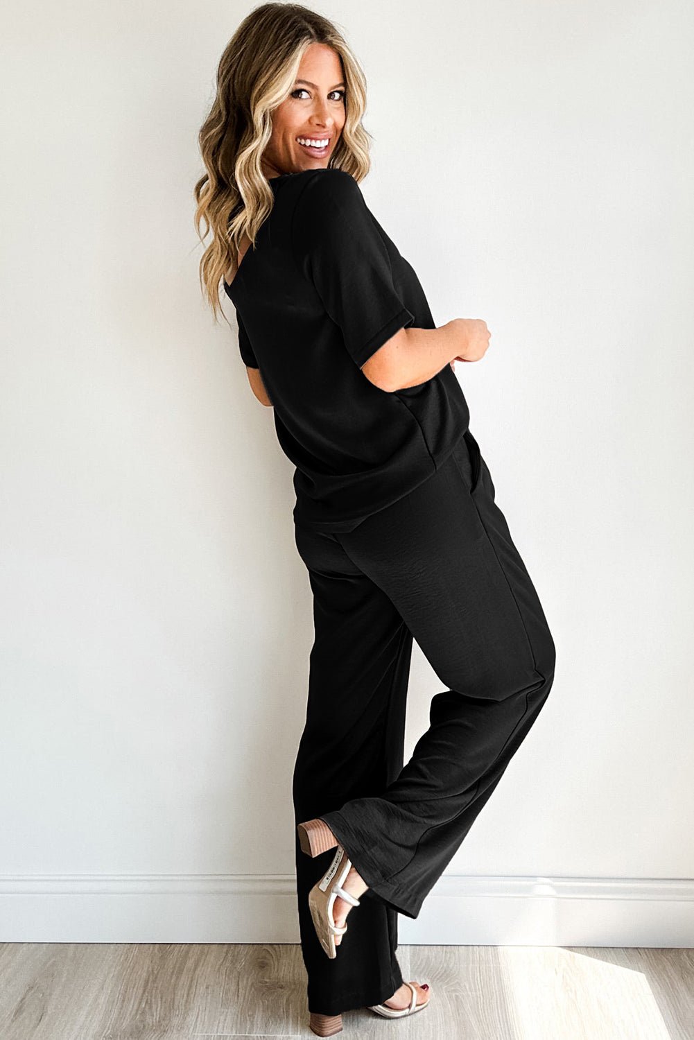 Women's Casual Shirt Pants Set Black Solid Color T Shirt 2pcs Wide Leg Pants Set - Razels