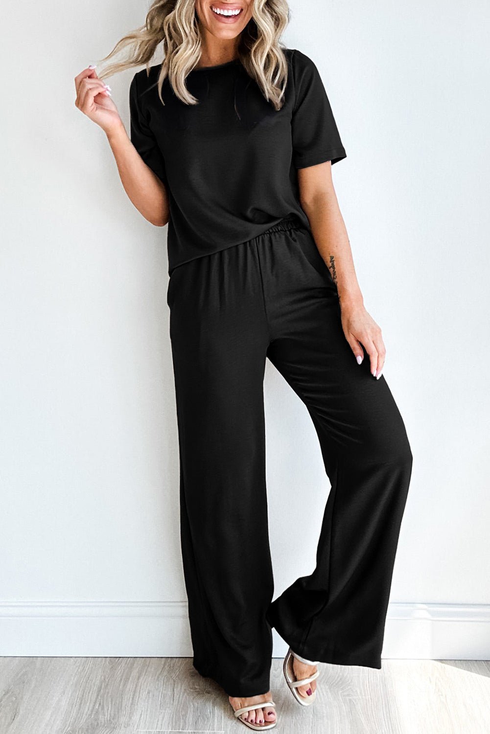 Women's Casual Shirt Pants Set Black Solid Color T Shirt 2pcs Wide Leg Pants Set - Razels