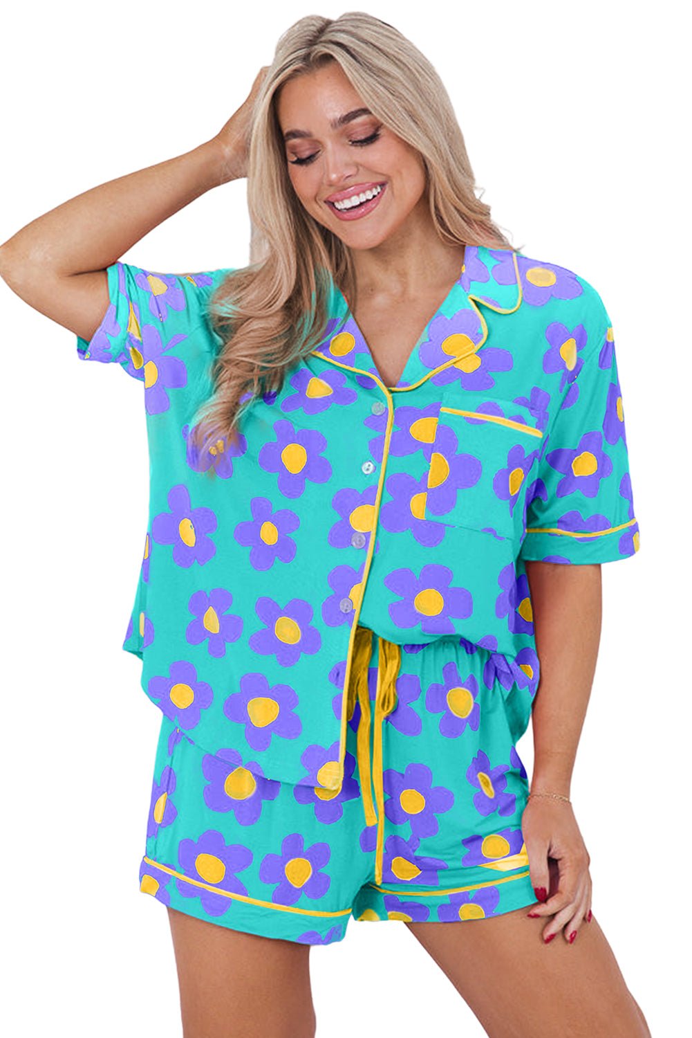 Womens Flower PJs, Fun Flower Print Short Sleeve Shirt Pajamas Set Flower Power - Razels