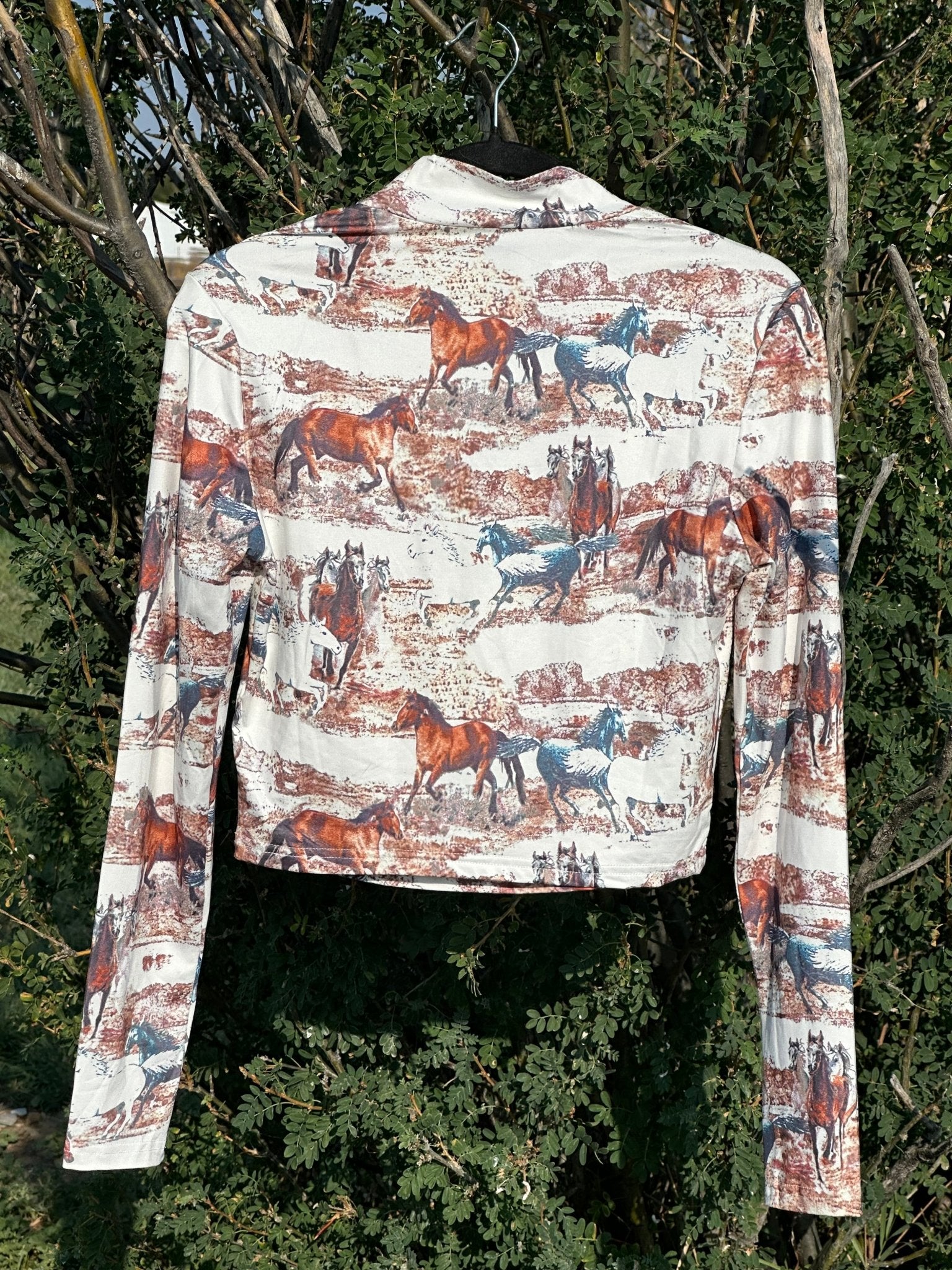 Womens Horse Shirt Wild Horses Blouse Crop Top Cut Out Shirt - Razels