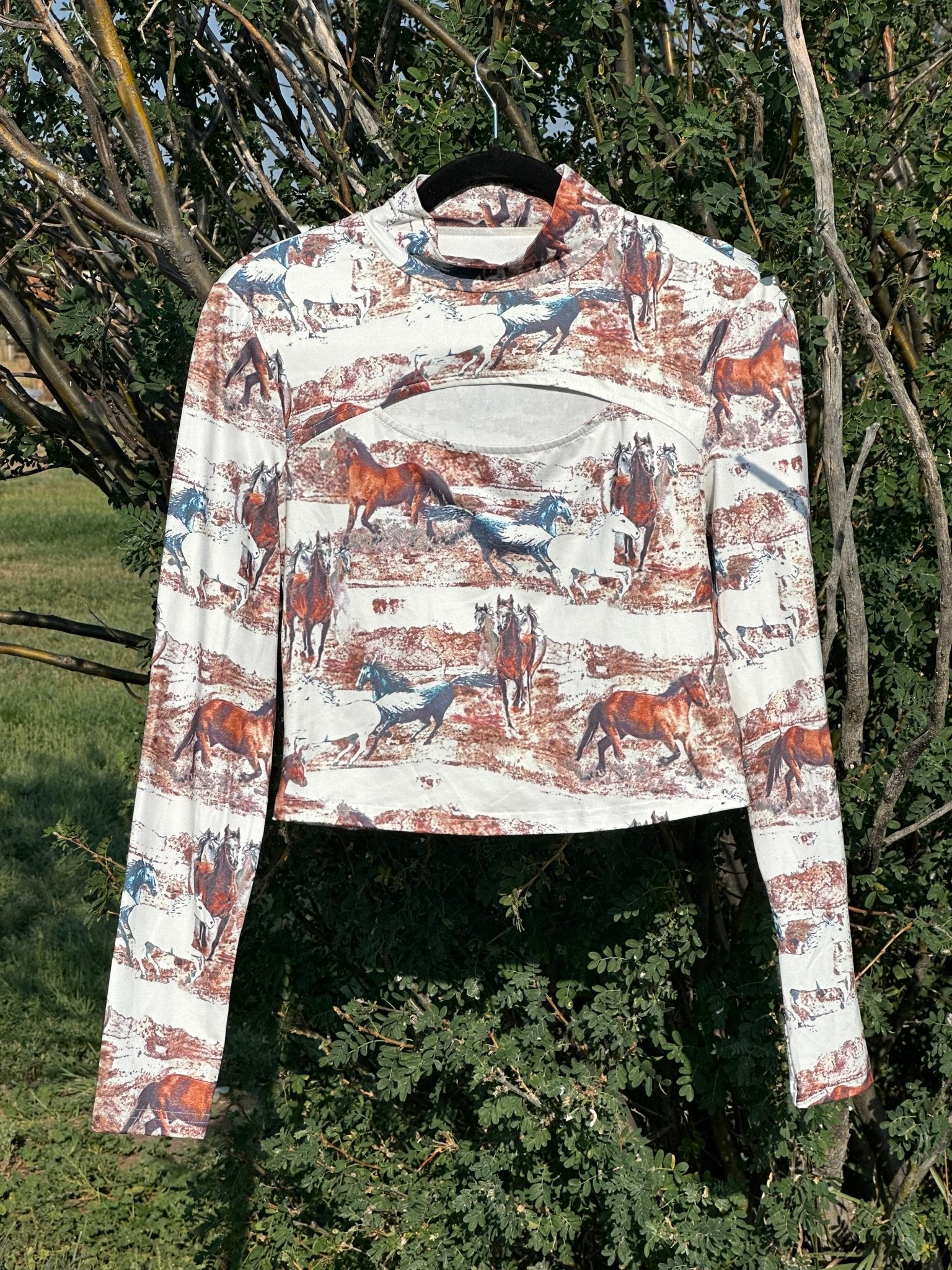 Womens Horse Shirt Wild Horses Blouse Crop Top Cut Out Shirt - Razels