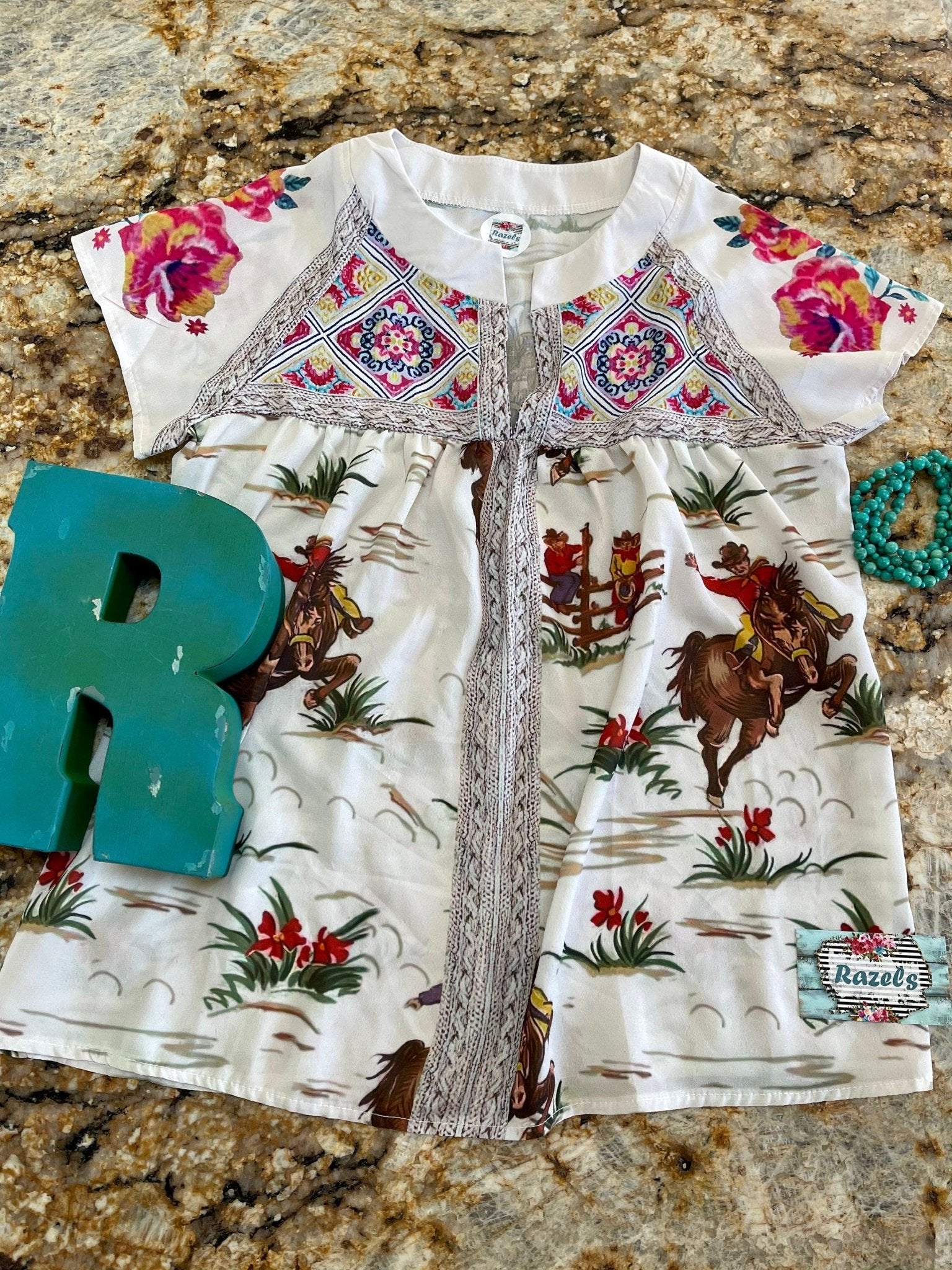 Womens Retro Cowboy Blouse, Flowers and Vintage Cowboy Shirt - Razels