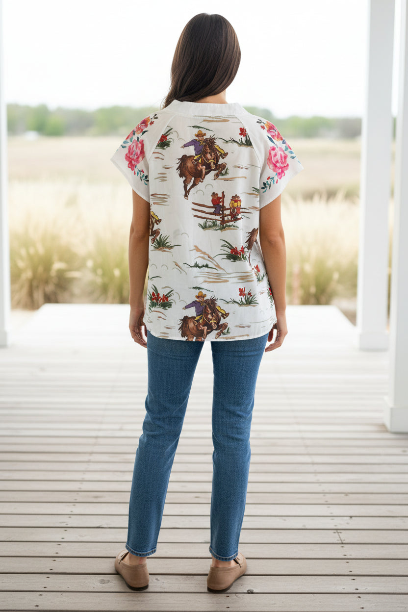 Womens Retro Cowboy Blouse, Flowers and Vintage Cowboy Shirt - Razels