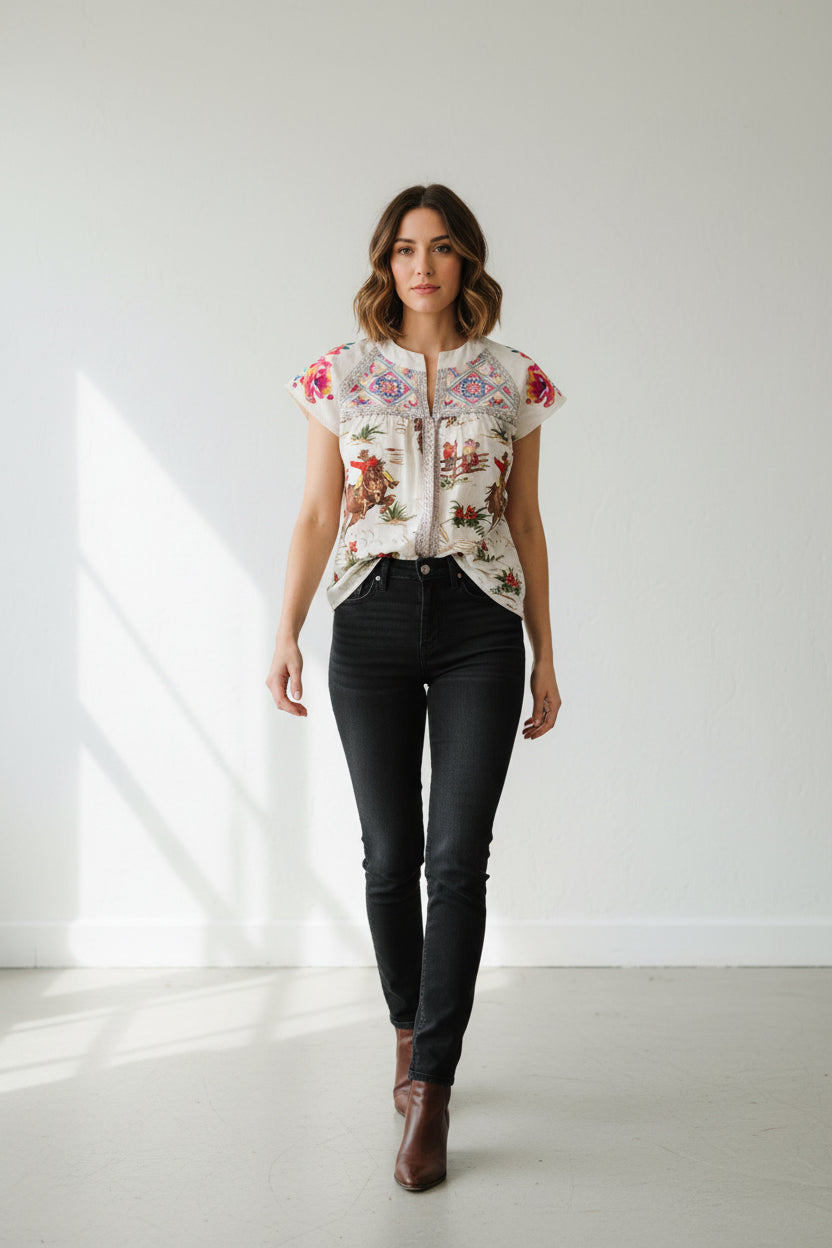 Womens Retro Cowboy Blouse, Flowers and Vintage Cowboy Shirt - Razels