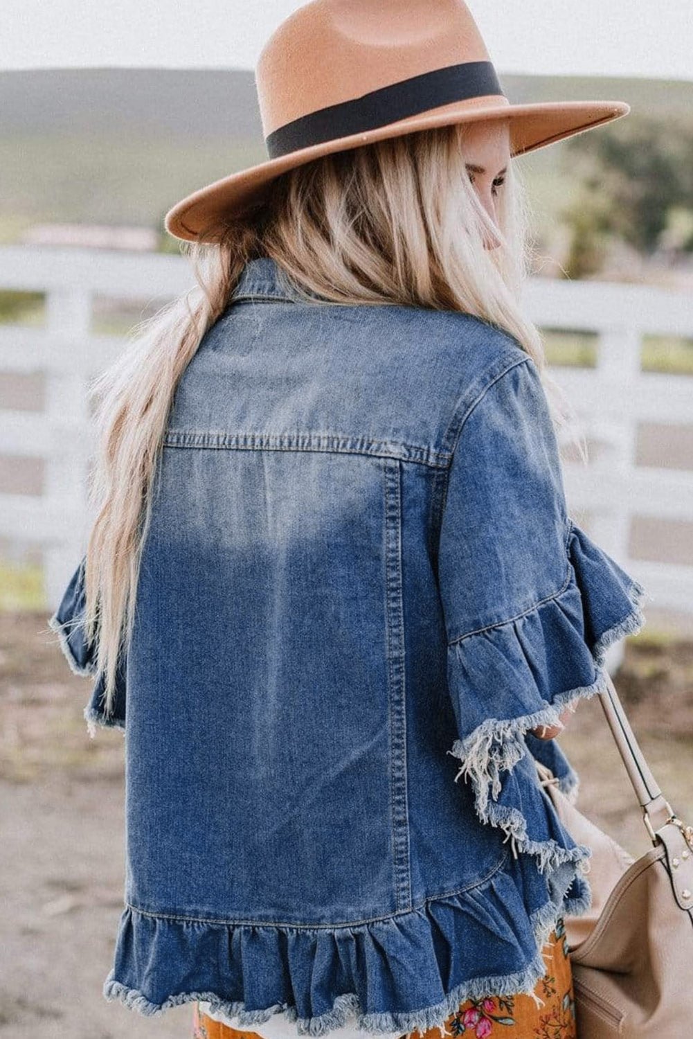 Women's Ruffled Denim Jacket Blue Raw Edge Ruffled Short Sleeve Denim Jacket - Razels