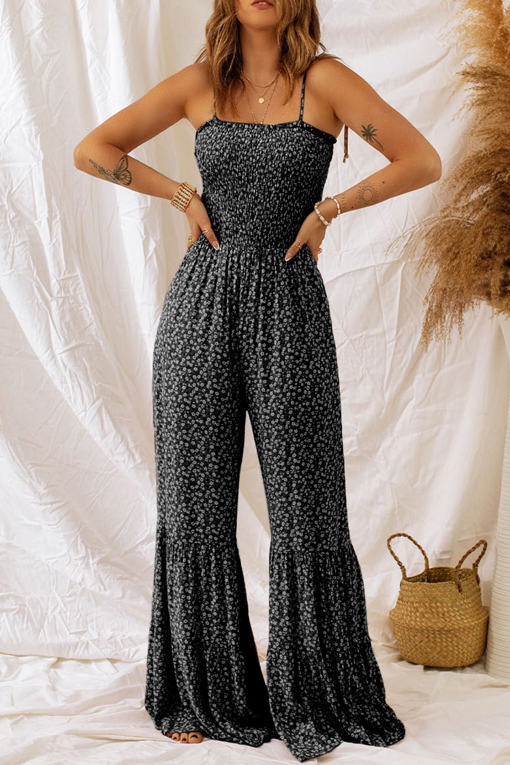 Women's Sexy Jumpsuit Black Thin Straps Smocked Bodice Wide Leg Floral Jumpsuit - Razels